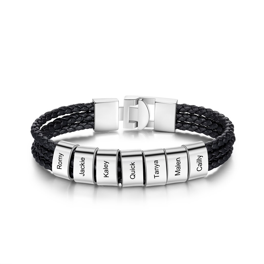 Pulsera de tres cueros trenzados 7 aros con 7 nombres personalizados pulsera de hombre-Jessemade ES