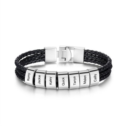 Pulsera de tres cueros trenzados 7 aros con 7 nombres personalizados pulsera de hombre-Jessemade ES