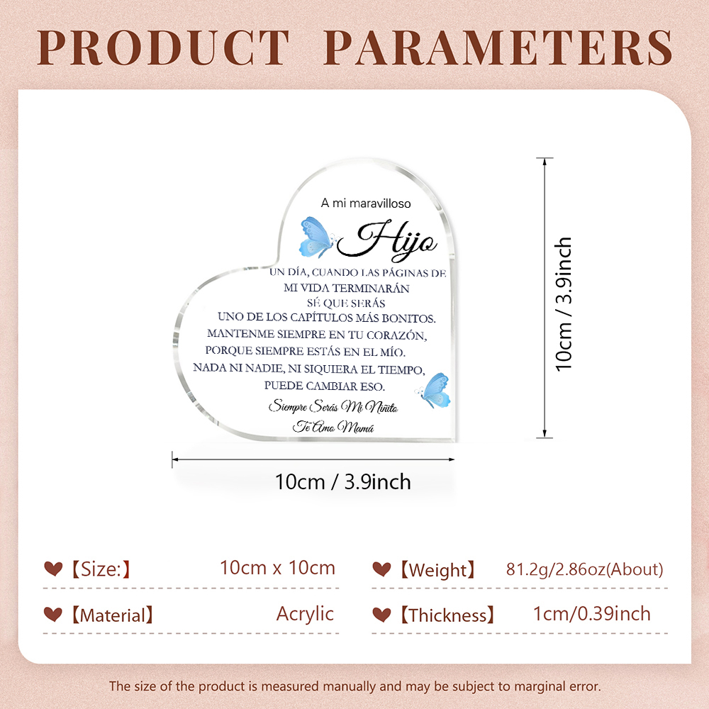 A mi hijo-Placa de acrílico en forma de corazón con 1 texto personalizado-Jessemade ES