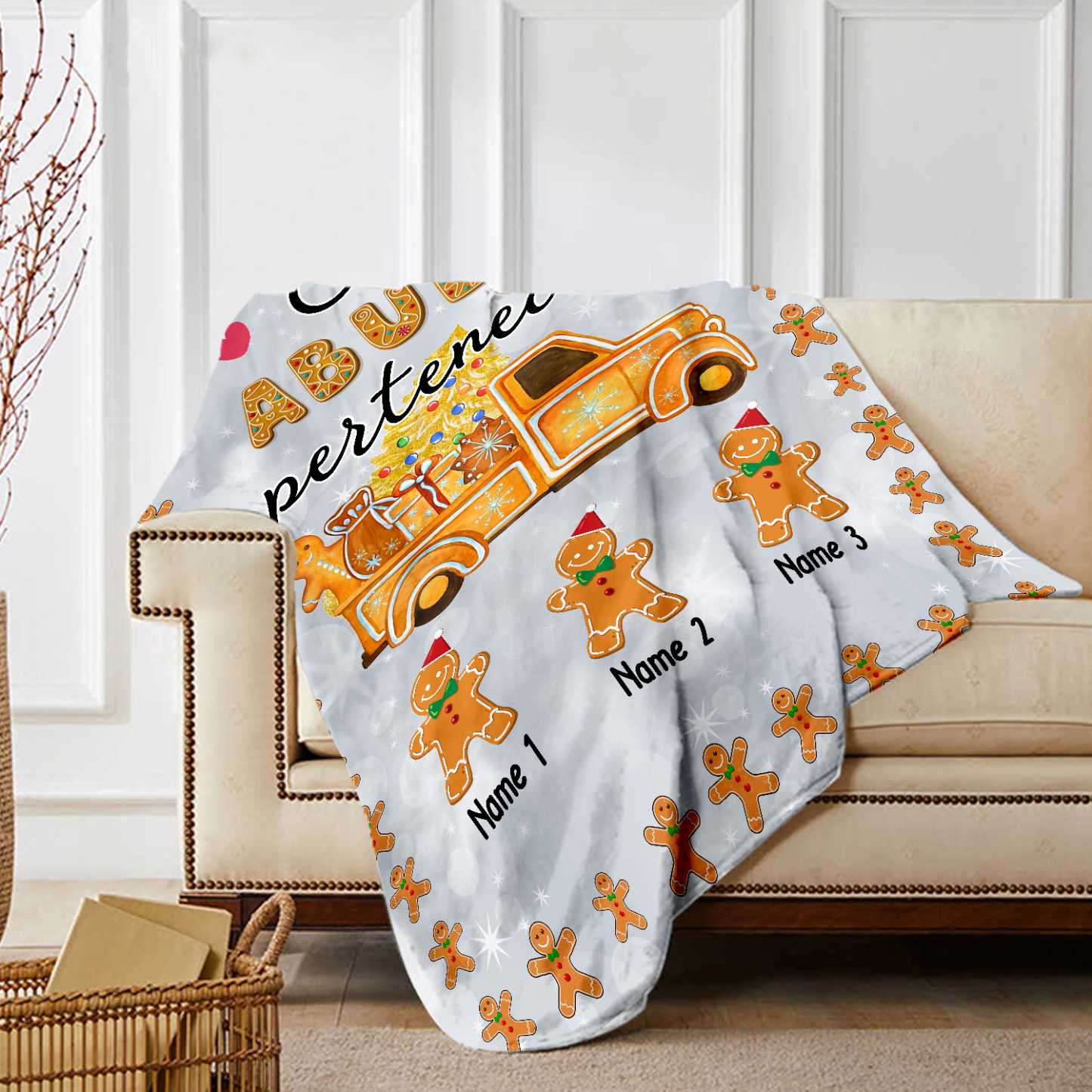 A mi abuela-Manta de buen calidad de Navidad hombres de jengibre personalizada con 3 nombres-Jessemade ES