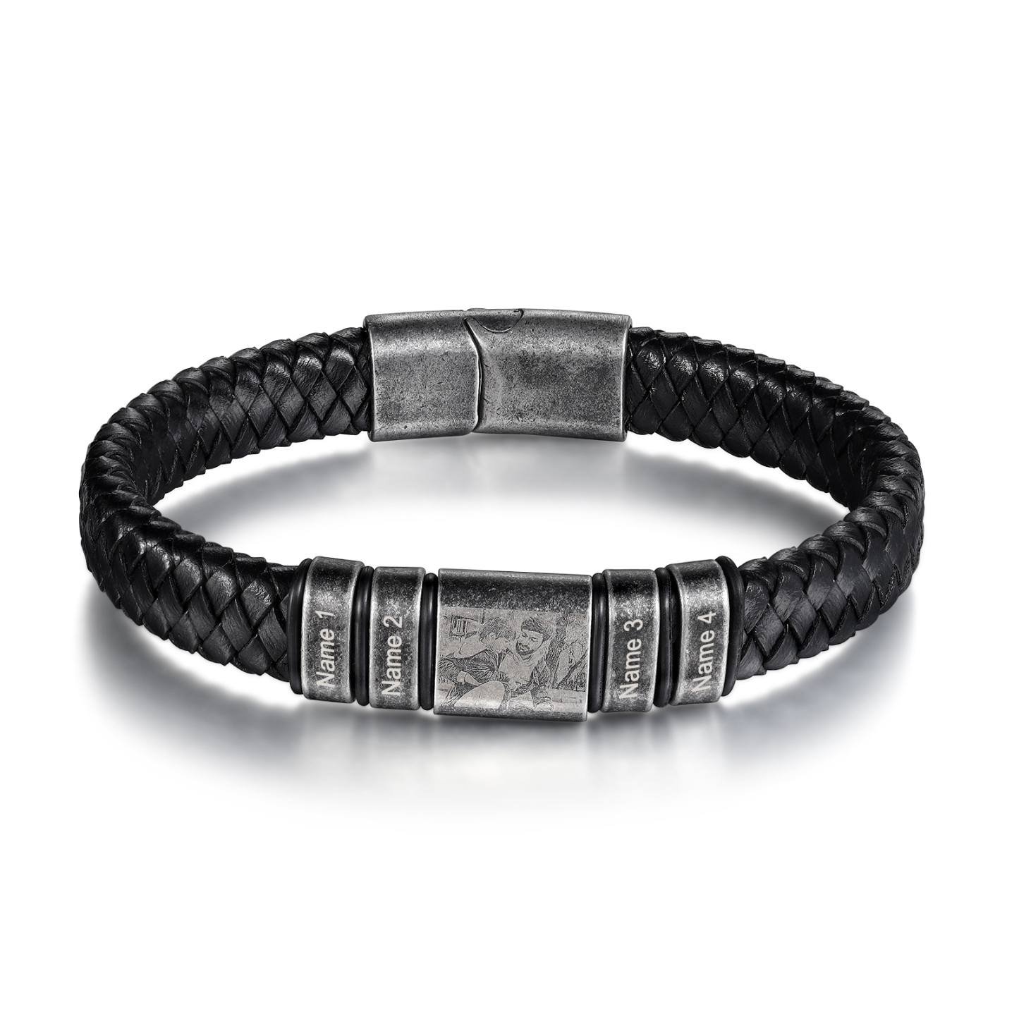 Pulsera 2-5 Nombres en Aros y Foto en Placa Personalizados de Cuero Trenzado