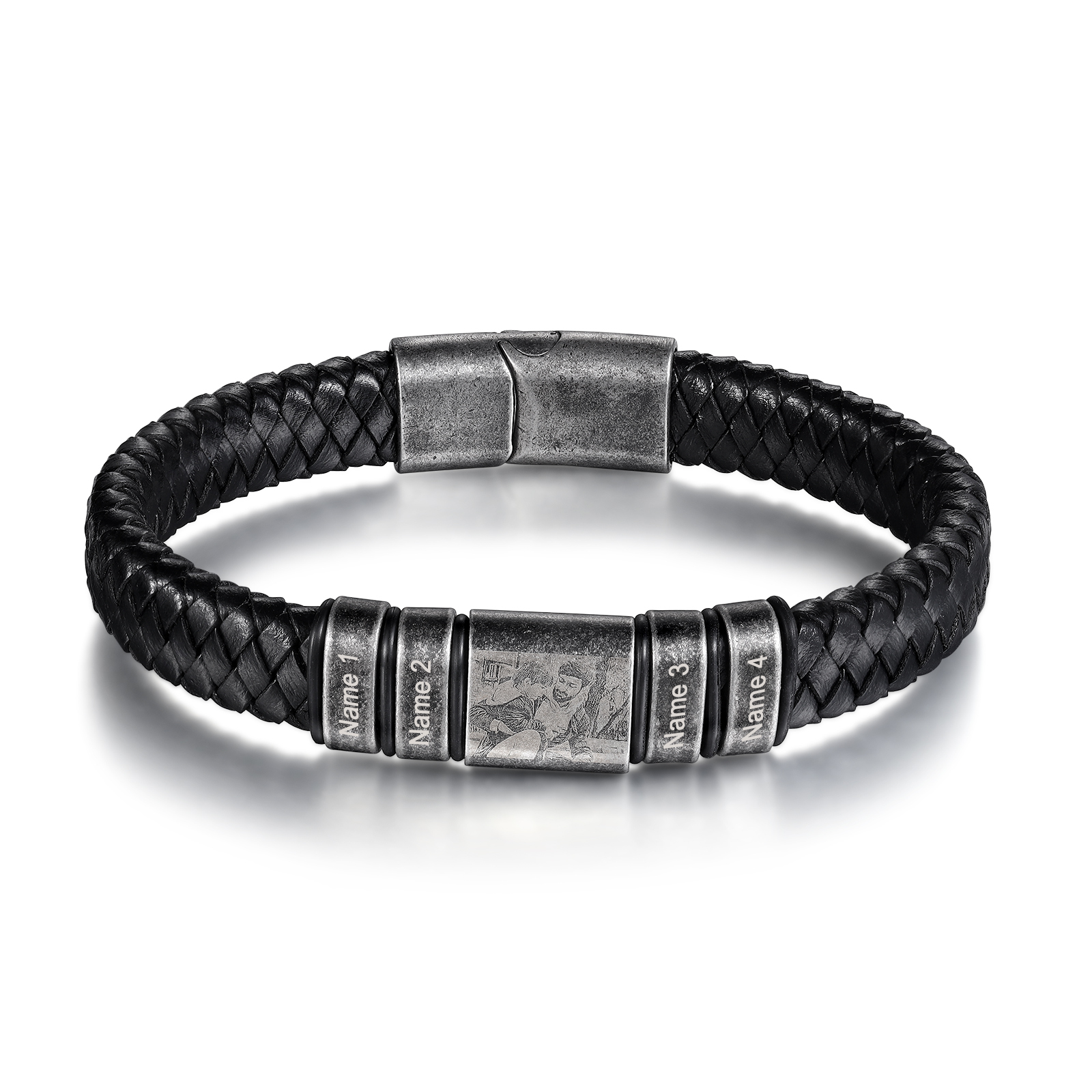 Pulsera 2-5 Nombres en Aros y Foto en Placa Personalizados de Cuero Trenzado