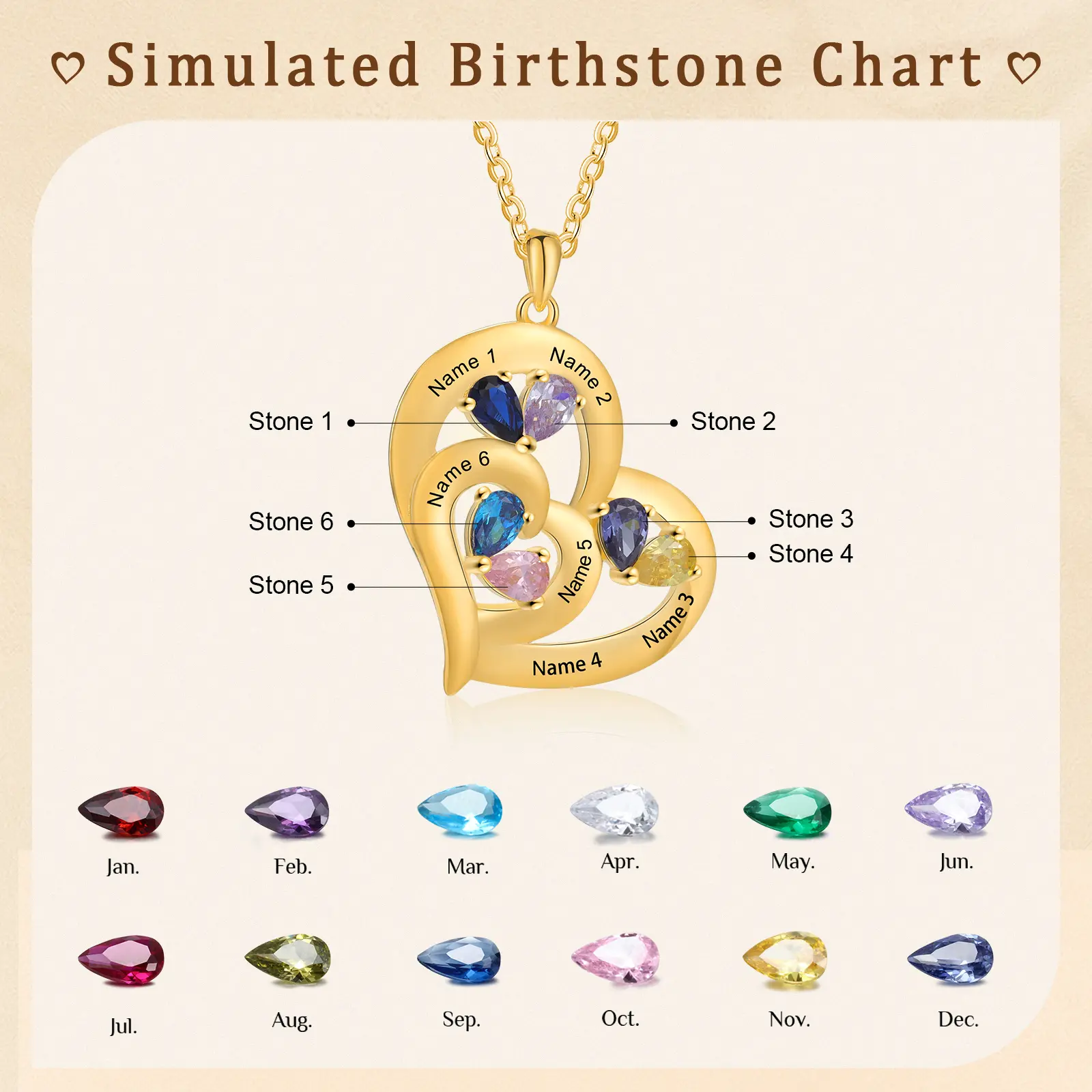 Collar corazón con 1-6 nombres personalizados y 1-6 piedras de nacimiento-Jessemade ES