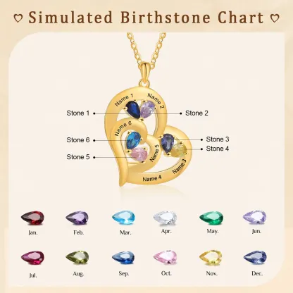 Collar corazón con 1-6 nombres personalizados y 1-6 piedras de nacimiento-Jessemade ES