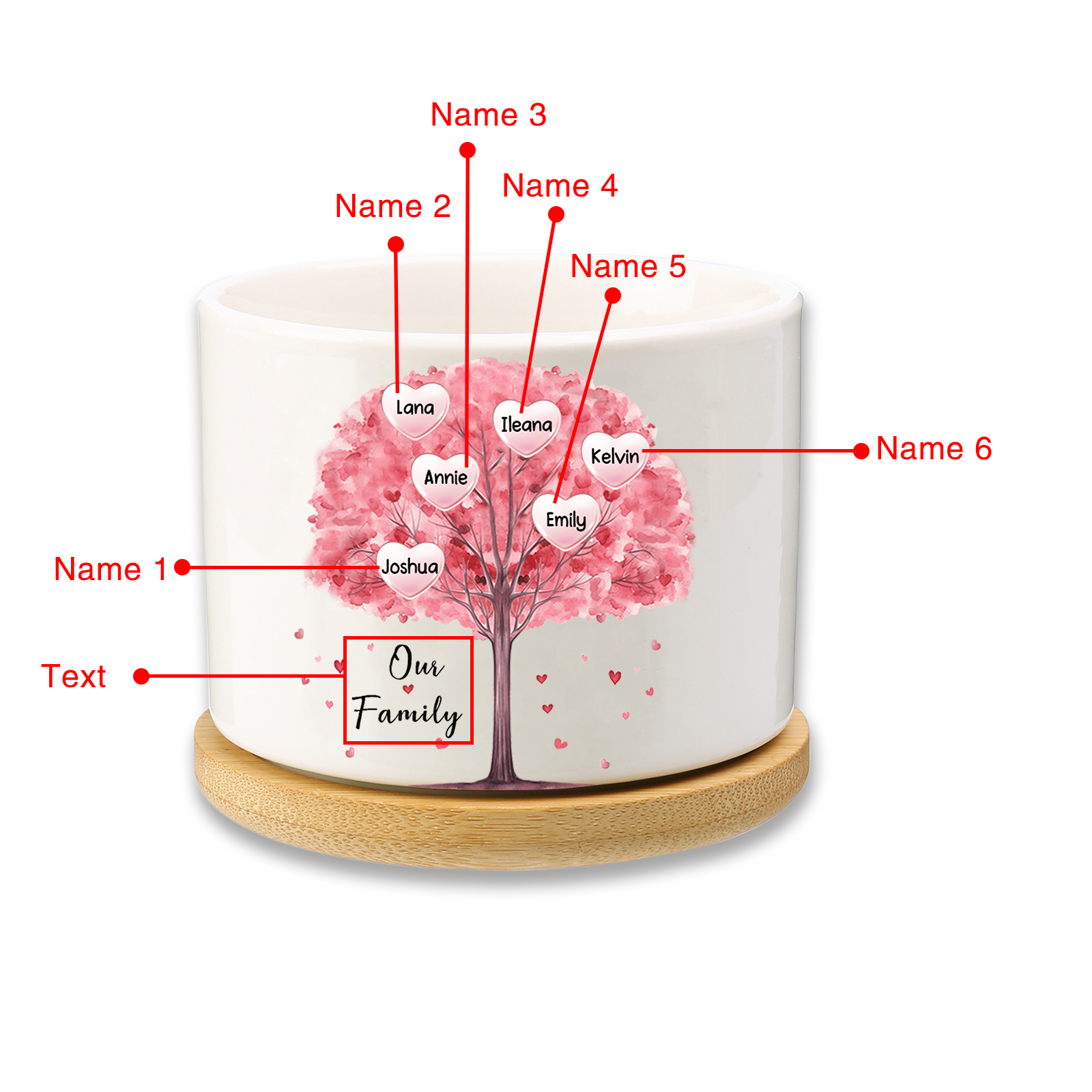 Florero con base de cerámica árbol de corazones 2-8 nombres personalizados con texto decoración del hogar-Jessemade ES