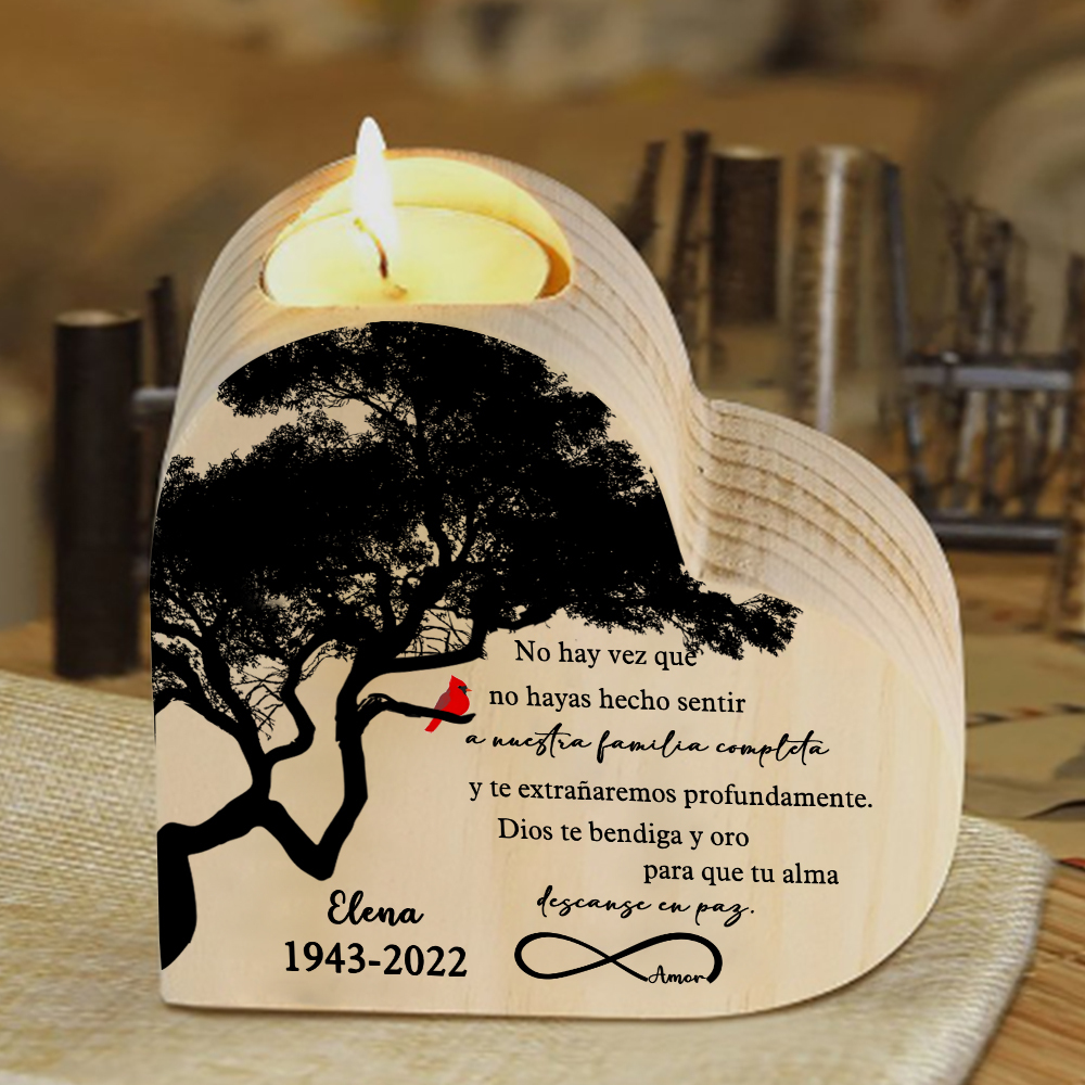 Navidad en el paraíso-Candelero de corazón en memoria de ser querido personalizado con nombre y años de madera sin vela-Jessemade ES