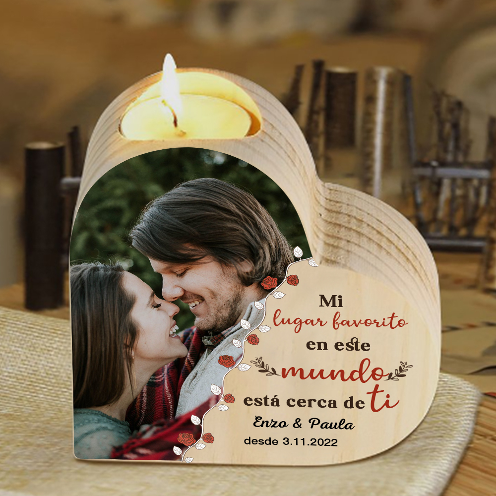 Candelero de madera para pareja con texto amoroso sin vela personalizado con nombres, fecha y foto-Jessemade ES