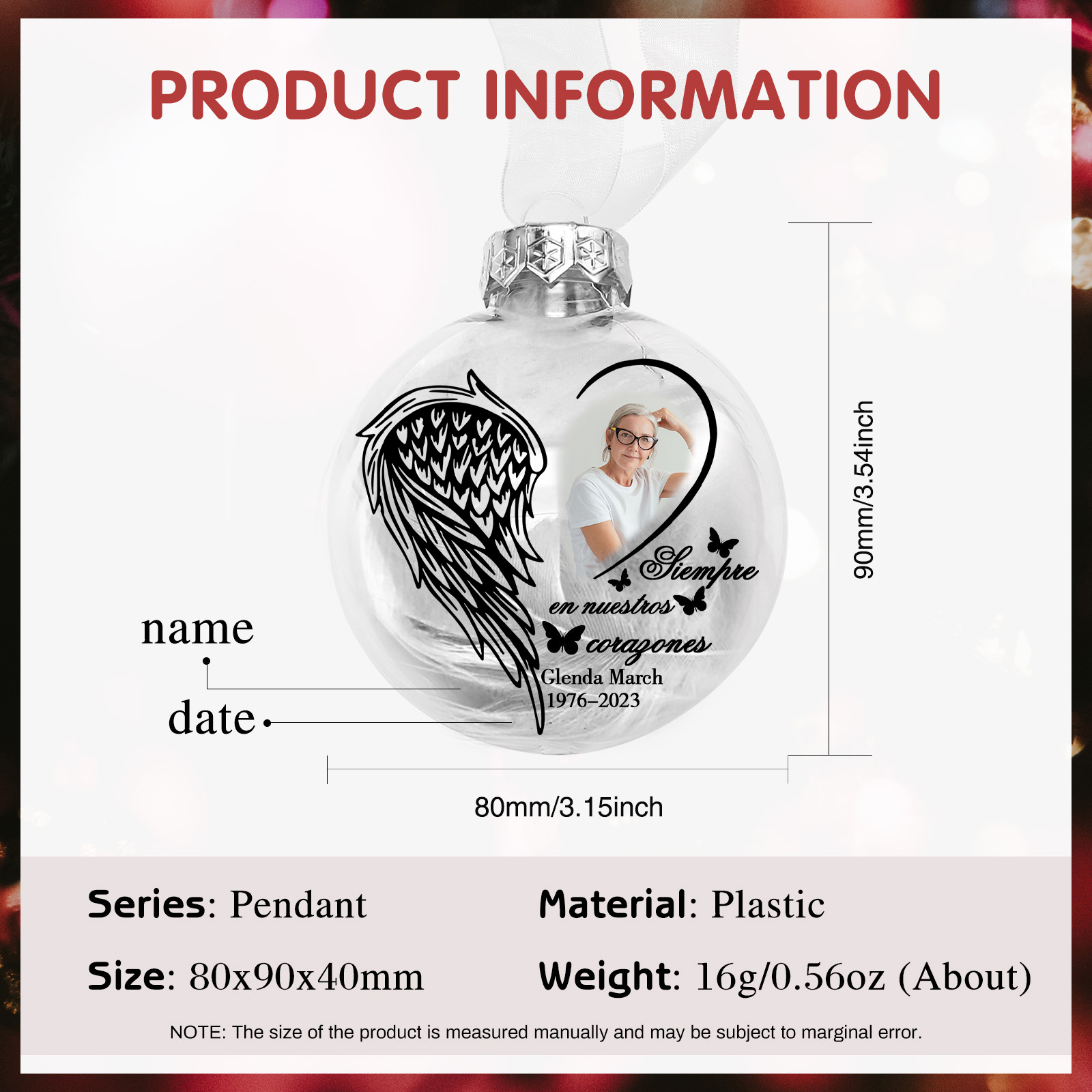 Bola navideña conmemorativa Adorno de Navidad 1 nombre, 1 foto y años personalizados con pluma -Jessemade ES