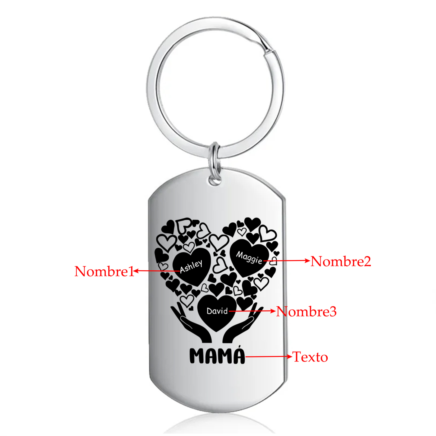 A mi mamá/abuela-Llavero 1-7 Nombres Personalizados con Texto CORAZONES Y MANOS