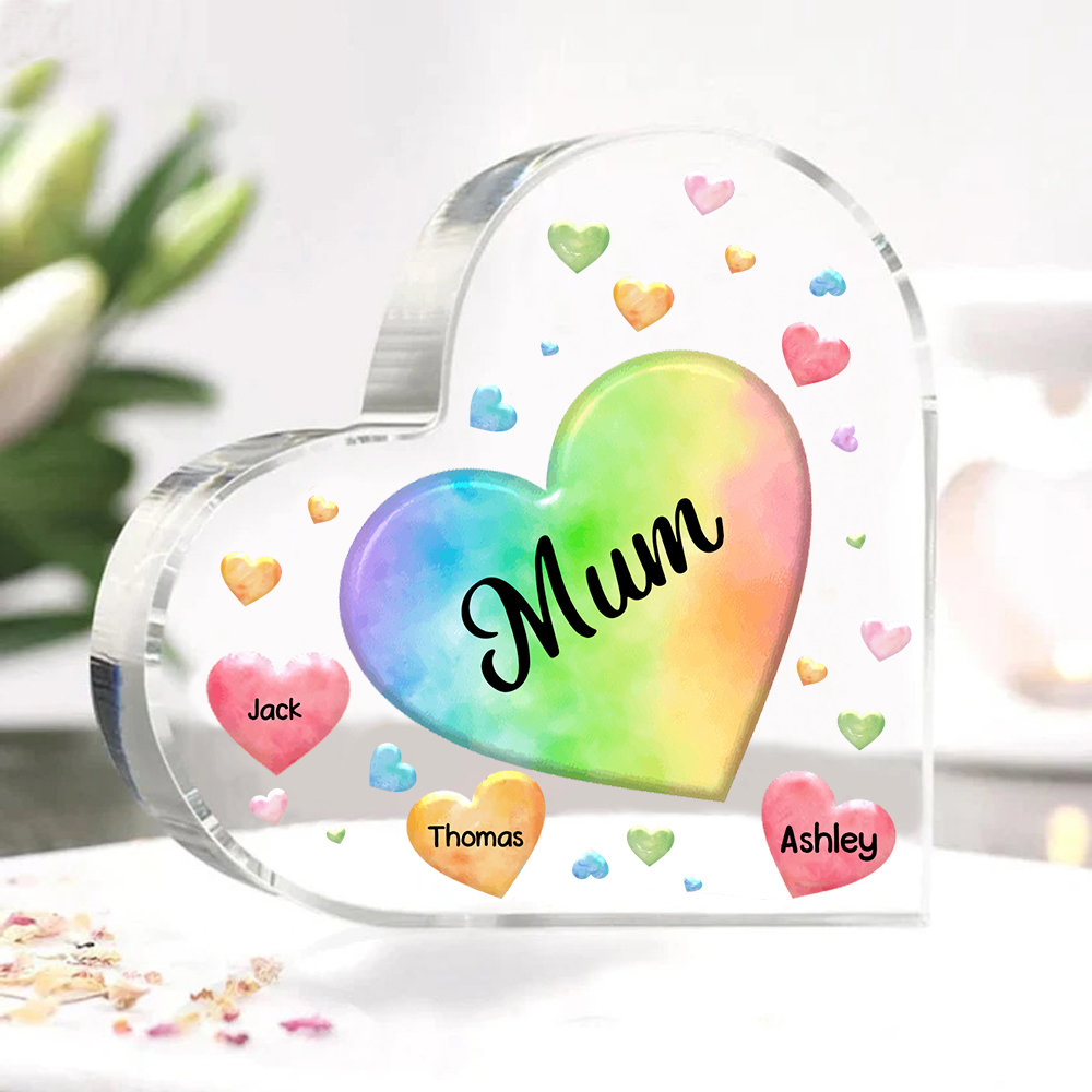 A mi mamá/abuela-Placa de acrílico "Corazones" en forma de corazón 3 nombres y 1 texto personalizados-Jessemade ES