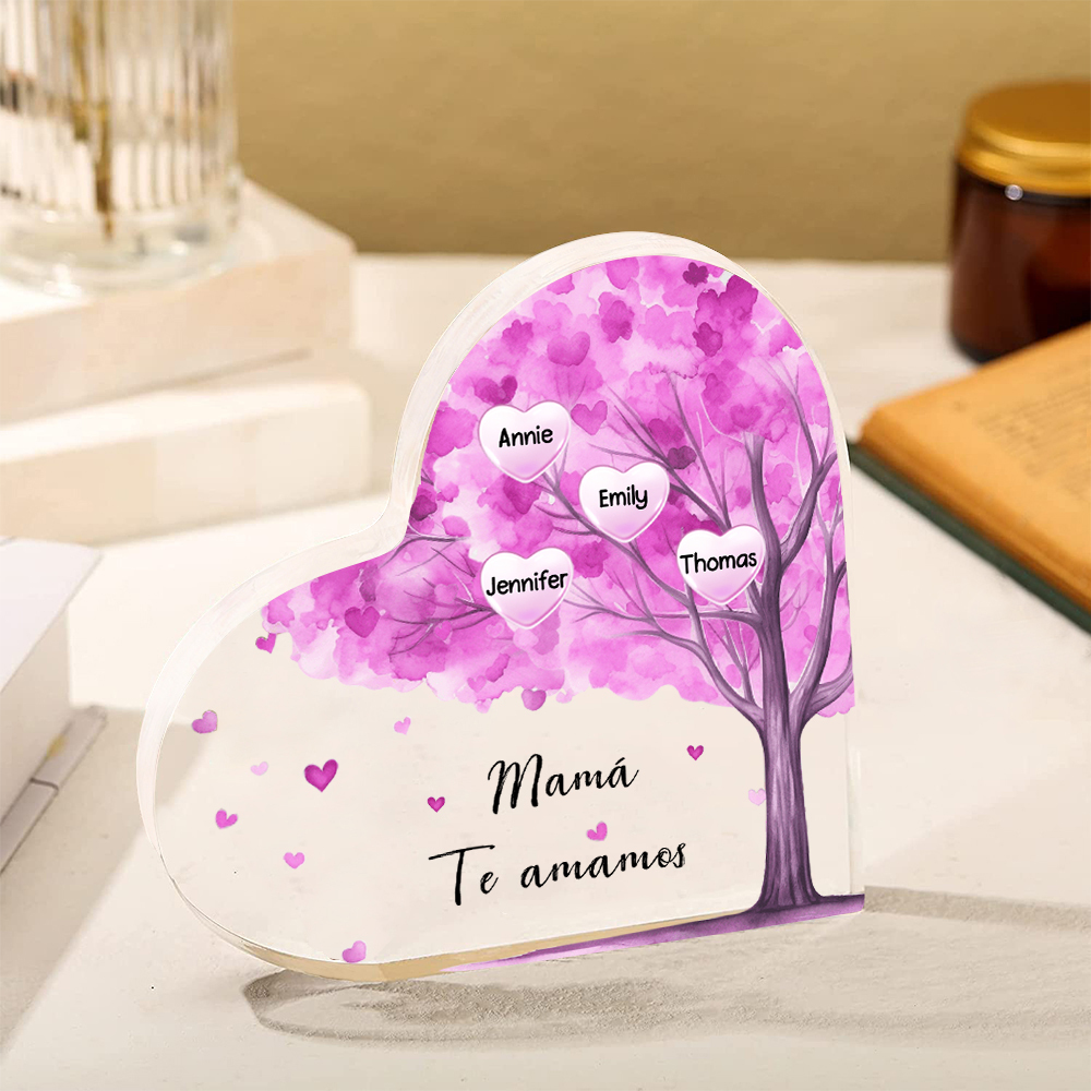 A mi mamá/abuela-Placa de acrílico "Árbol" en forma de corazón 4 nombres y 1 texto personalizados-Jessemade ES