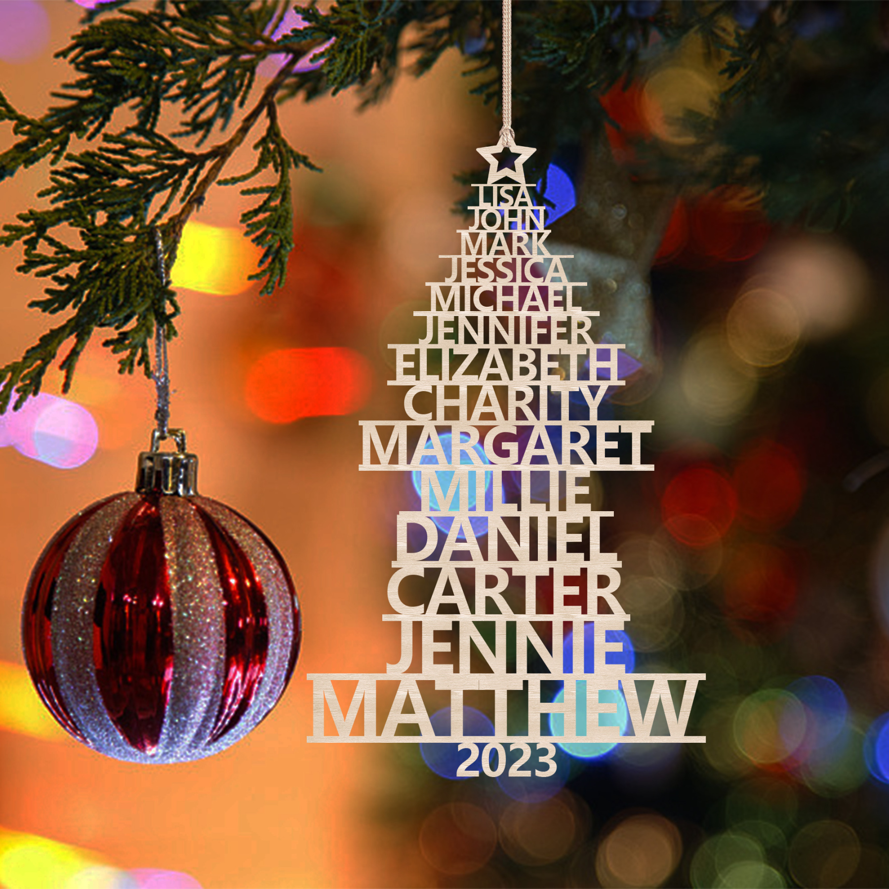 Navidad-Ornamento navideño de madera árbol de nombres con 14 nombres y año personalizados