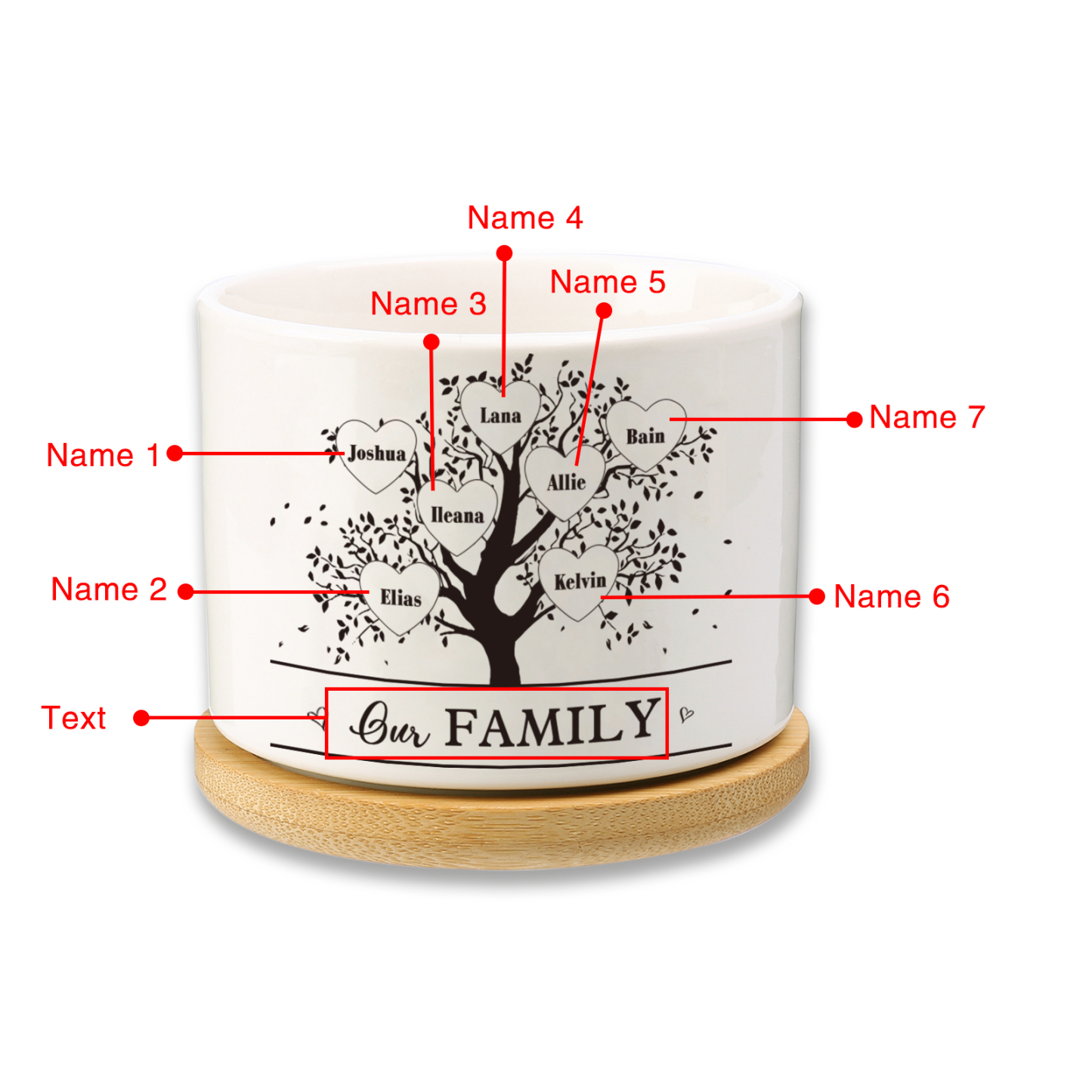 Florero con base de cerámica árbol de corazones 2-8 nombres personalizados con texto decoración del hogar-Jessemade ES