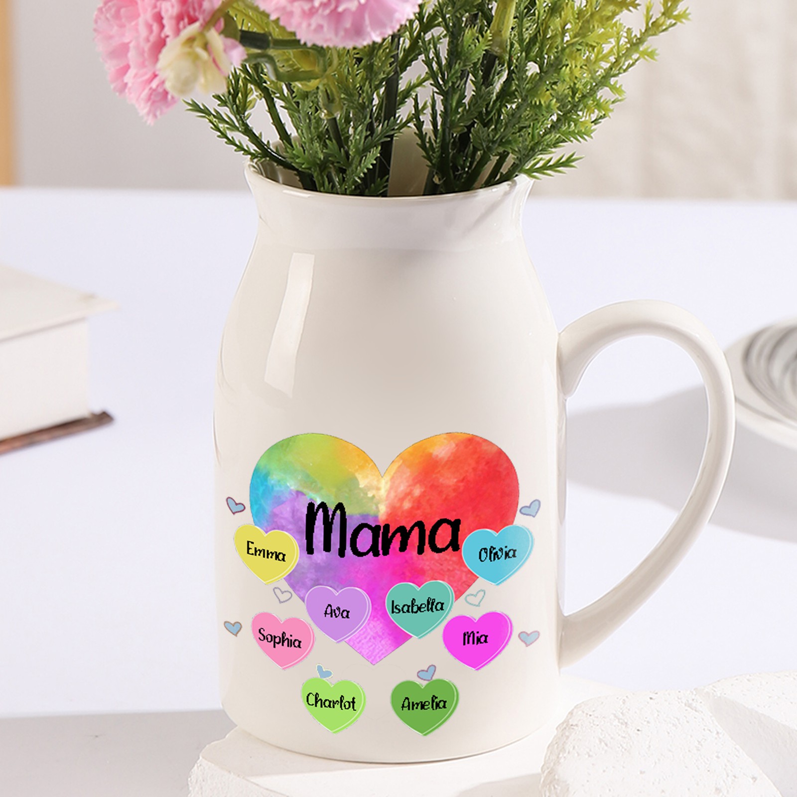 Florero de cerámica corazones 2-8 nombres personalizados con texto decoración del hogar-Jessemade ES
