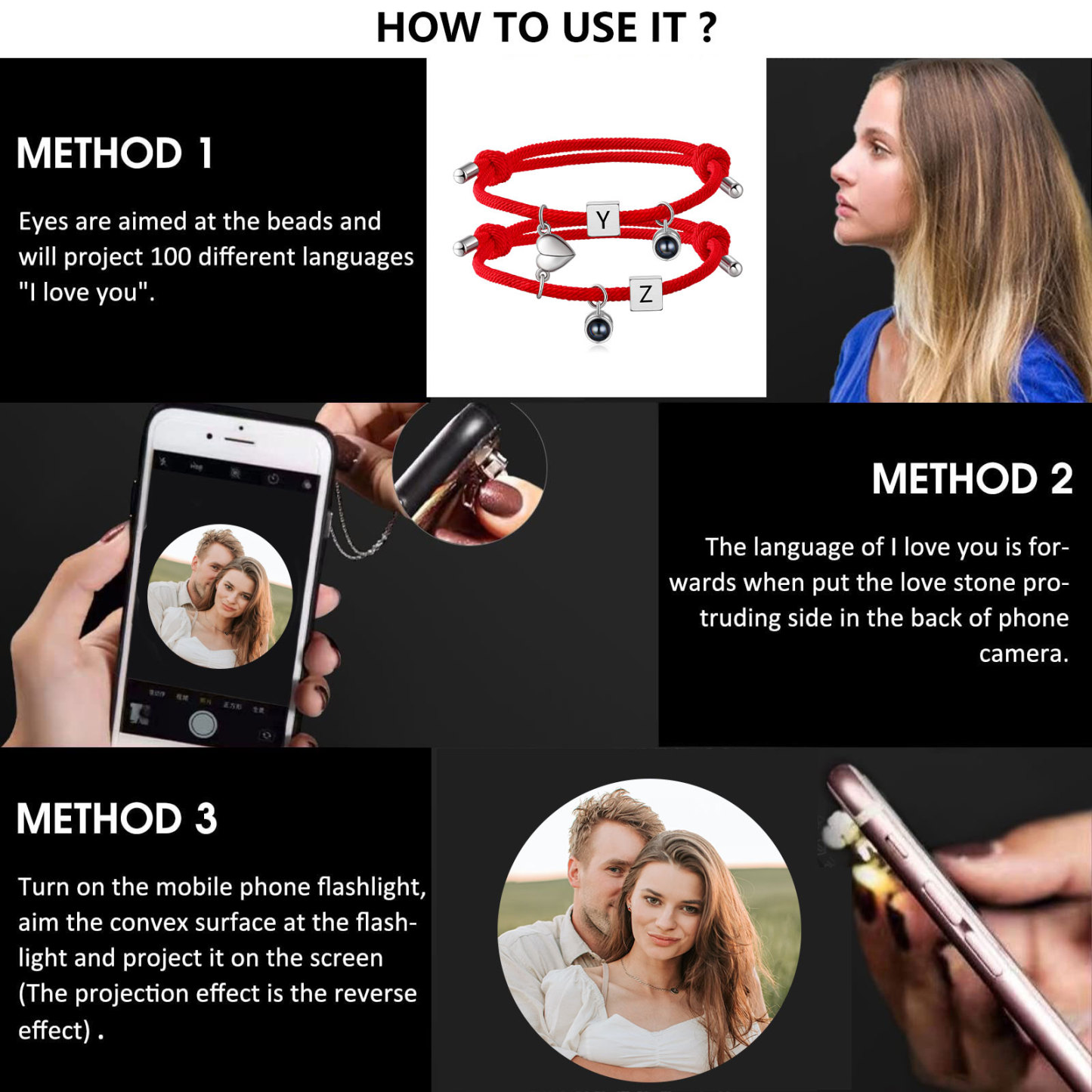 Pulsera de cuerda para pareja personalizada con 2 letras con proyección de foto y dije de corazón magnético-Jessemade ES