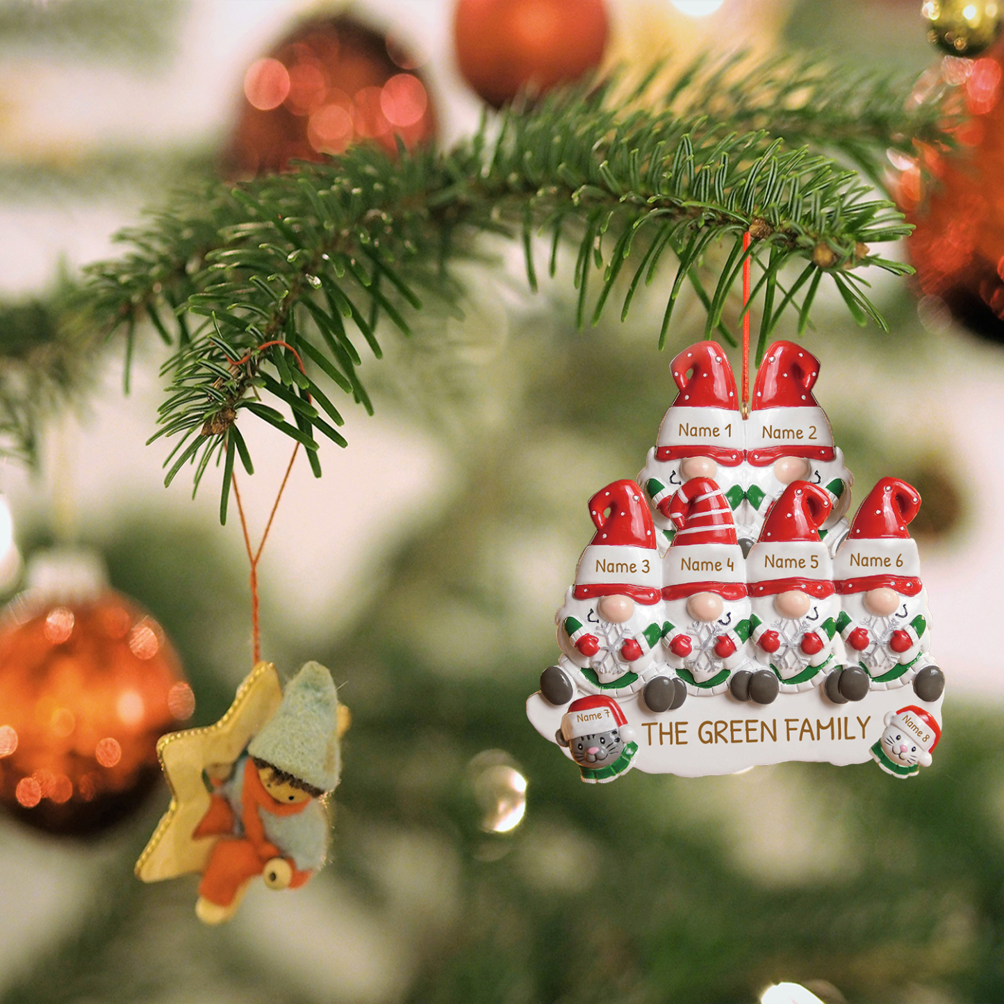 Navidad-Ornamento Navideño Familia de Dos con Gato 3 Nombres y Texto Personalizados Adorno de Madera