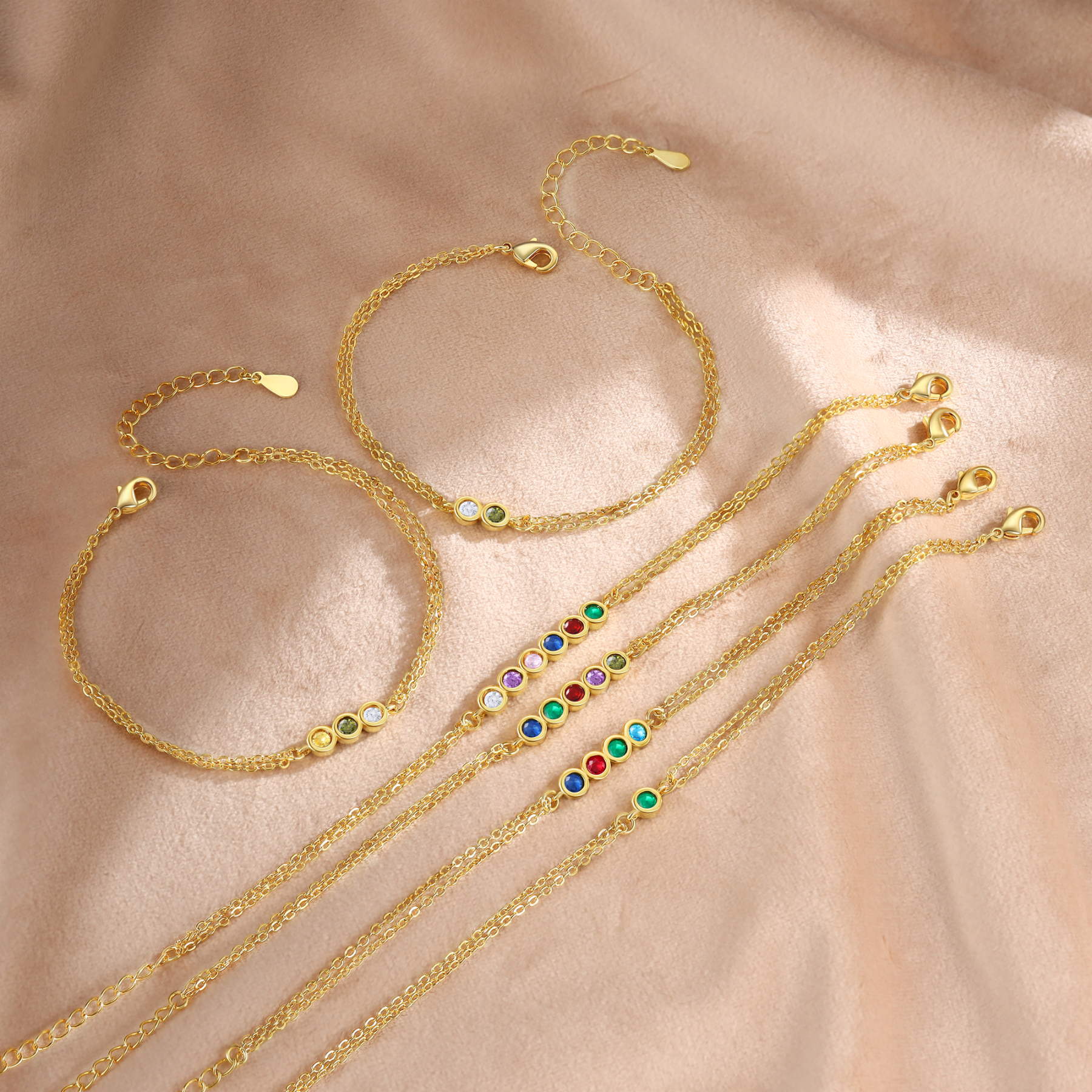 Pulsera 1-6 piedras de nacimiento personalizadas doble cadena-Jessemade ES