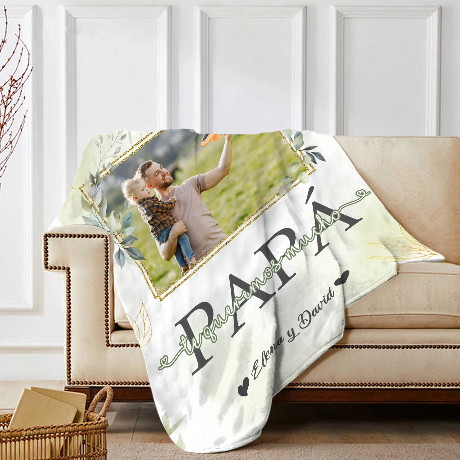 A mi padre de hij@s-Manta de buen calidad con hojas personalizada con 1 foto y 1 texto-Jessemade ES