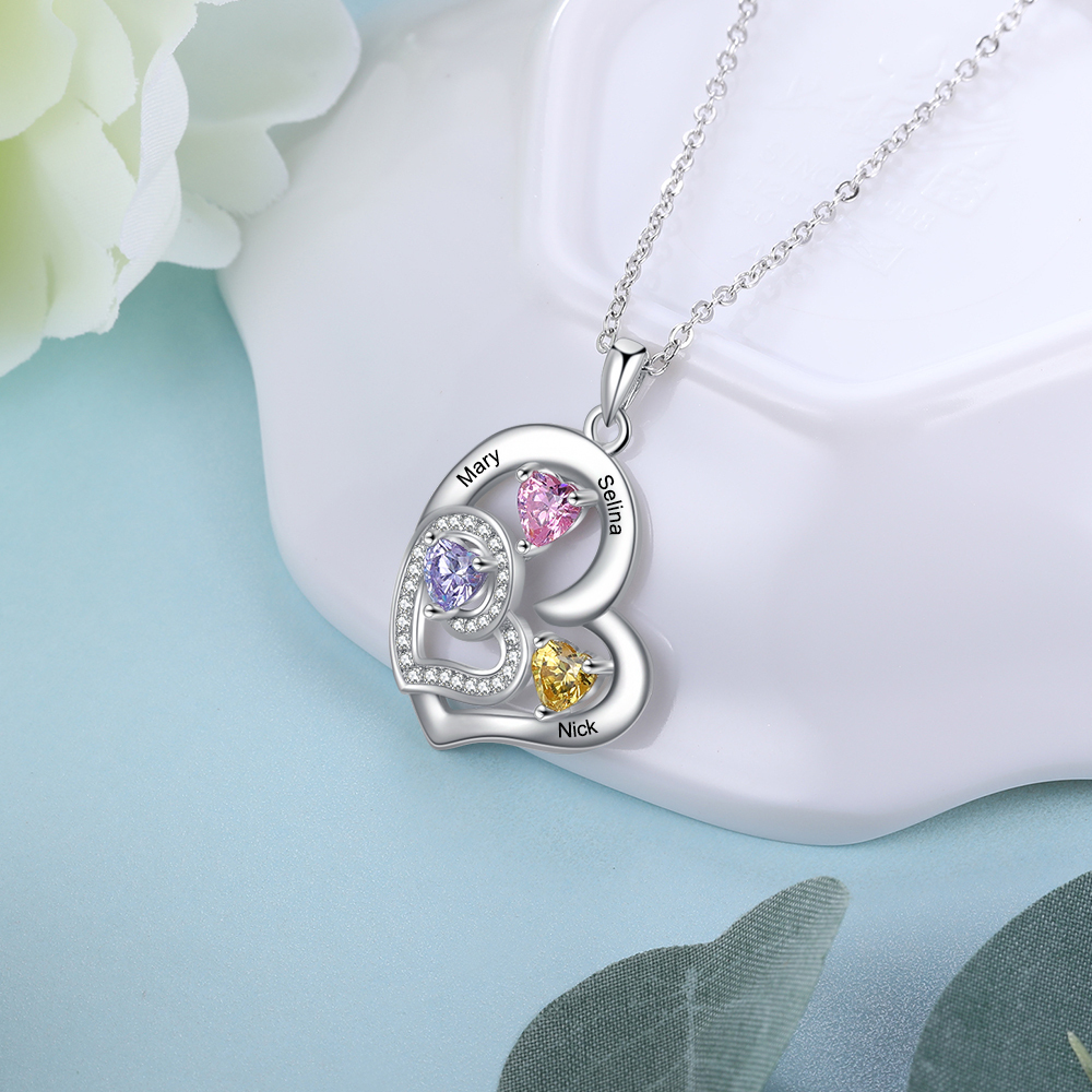 Collar para Mujer de Corazón 3 Nombres Personalizados y 3 Piedras de Nacimiento