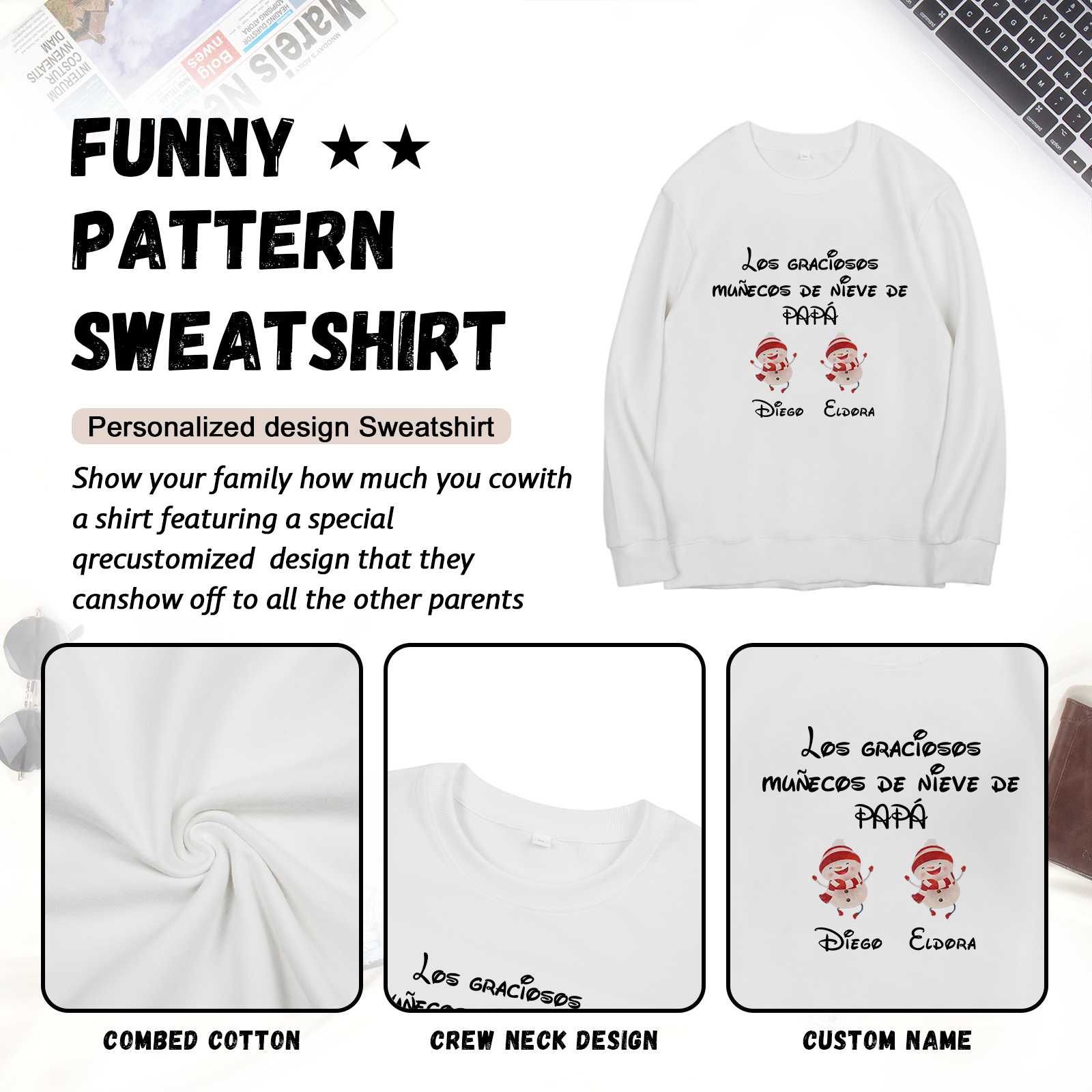 Familia-Sudadera "Muñecos de nieve" 3 nombres personalizados-Jessemade ES