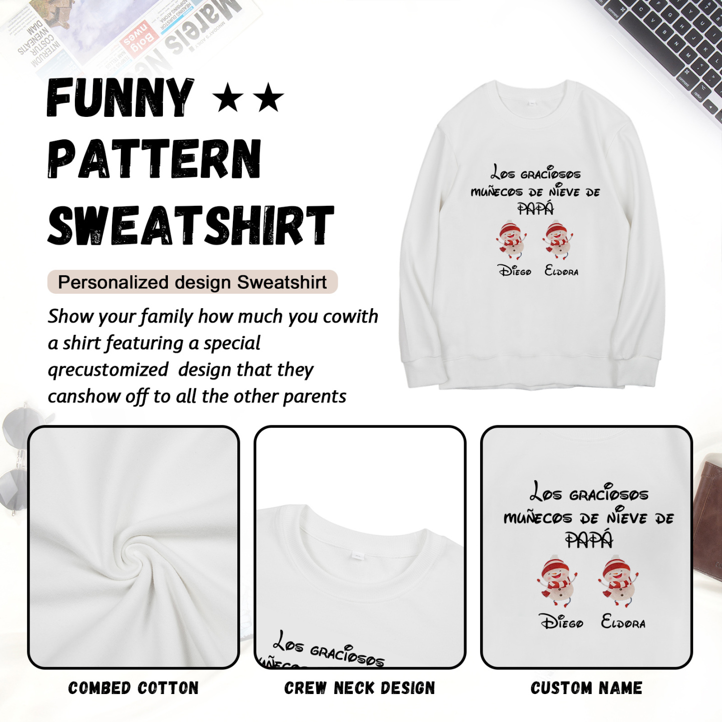 Familia-Sudadera "Muñecos de nieve" 3 nombres personalizados-Jessemade ES