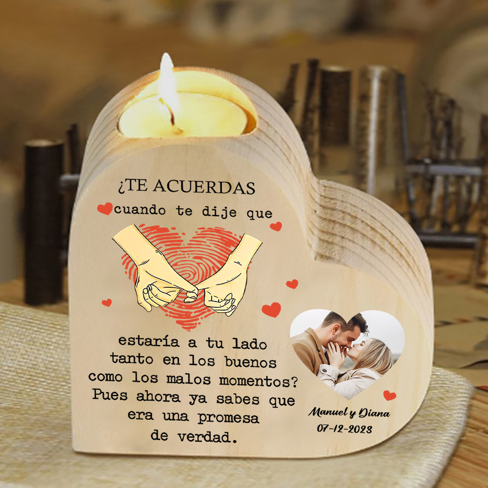 Candelero de madera dedos cogidos para pareja sin vela personalizado con texto, fecha y foto-Jessemade ES