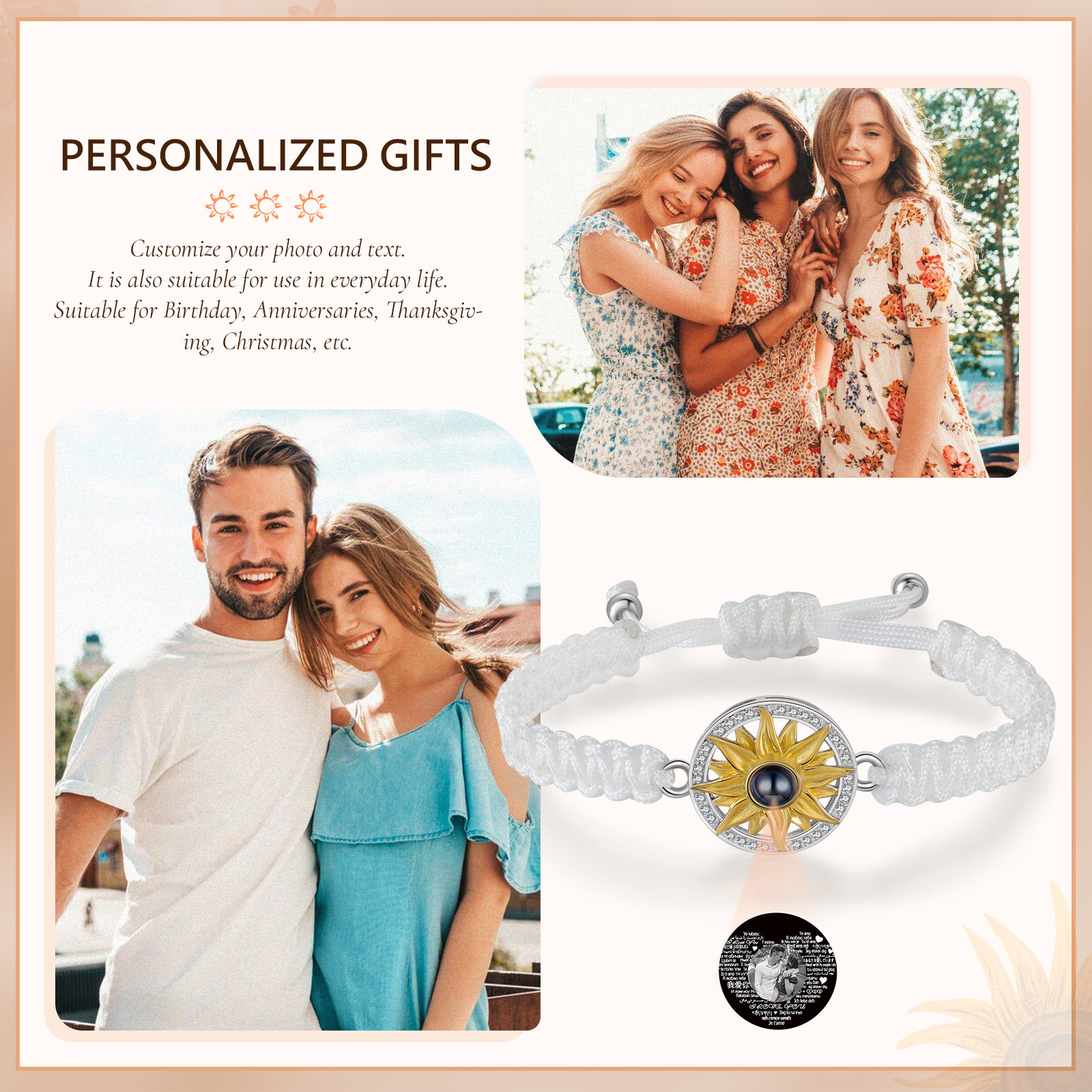 Pulsera con proyección de foto con dije de girasol cuerda blanca-Jessemade ES