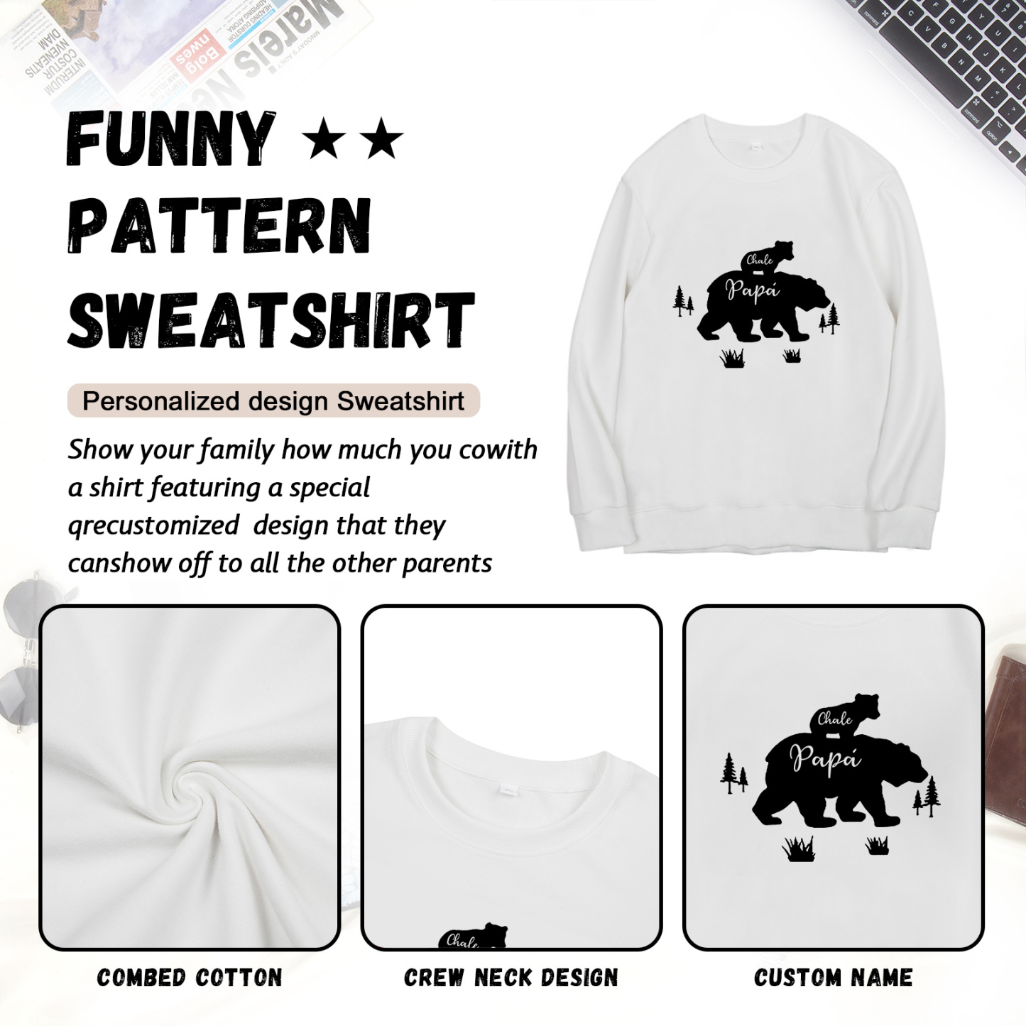 Familia-Sudadera "Oso y sus bebés" 2 nombres personalizados-Jessemade ES