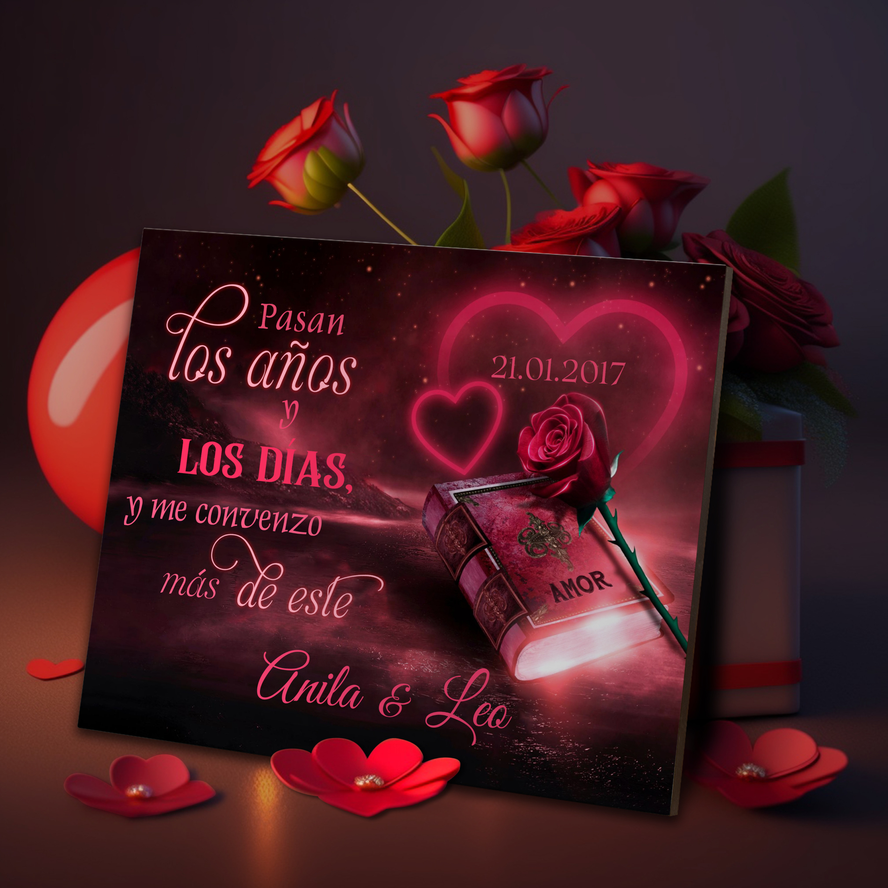 Lámina libro de amor marco de madera para pareja personalizado con 2 nombres y fecha-Jessemade ES