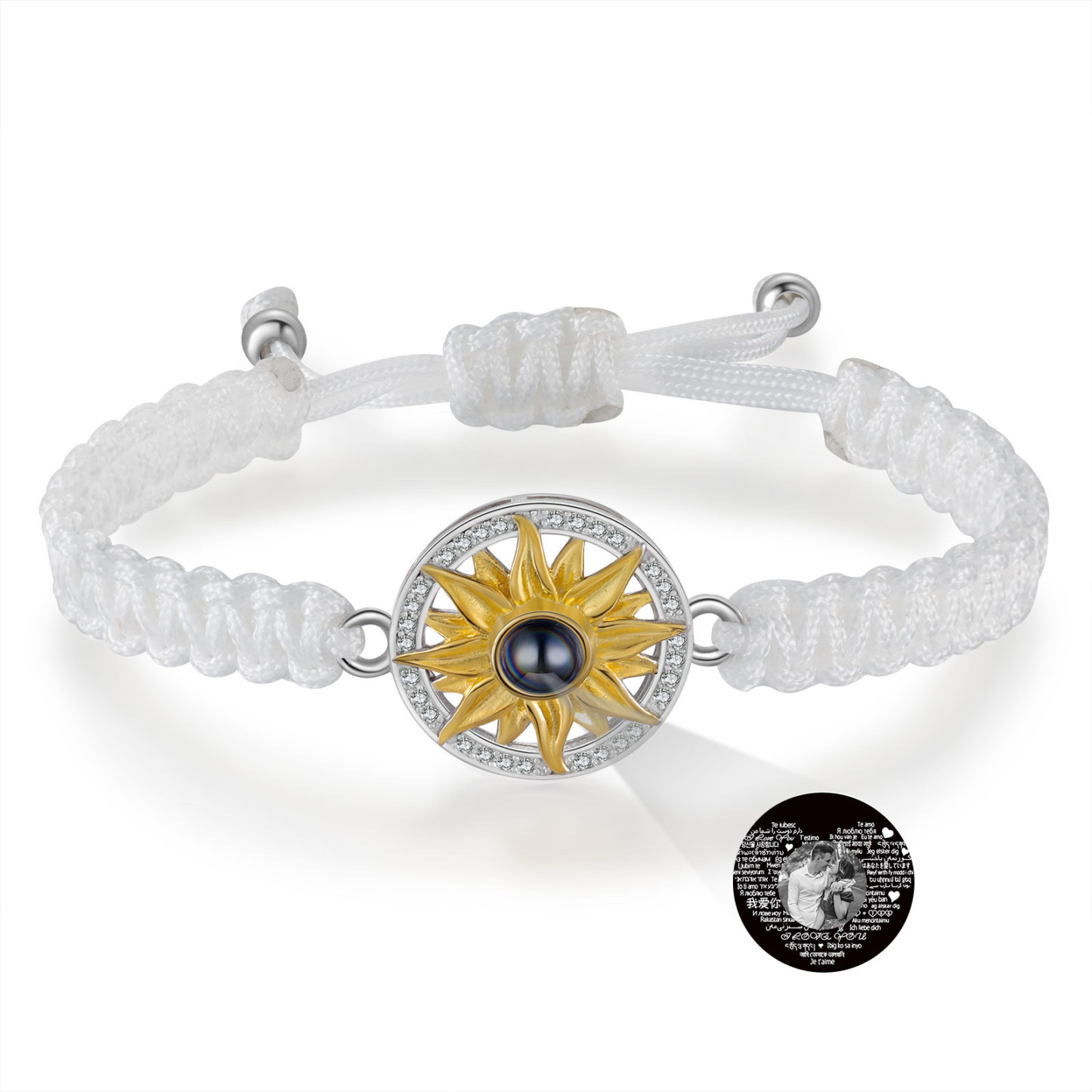 Pulsera con proyección de foto con dije de girasol cuerda blanca-Jessemade ES