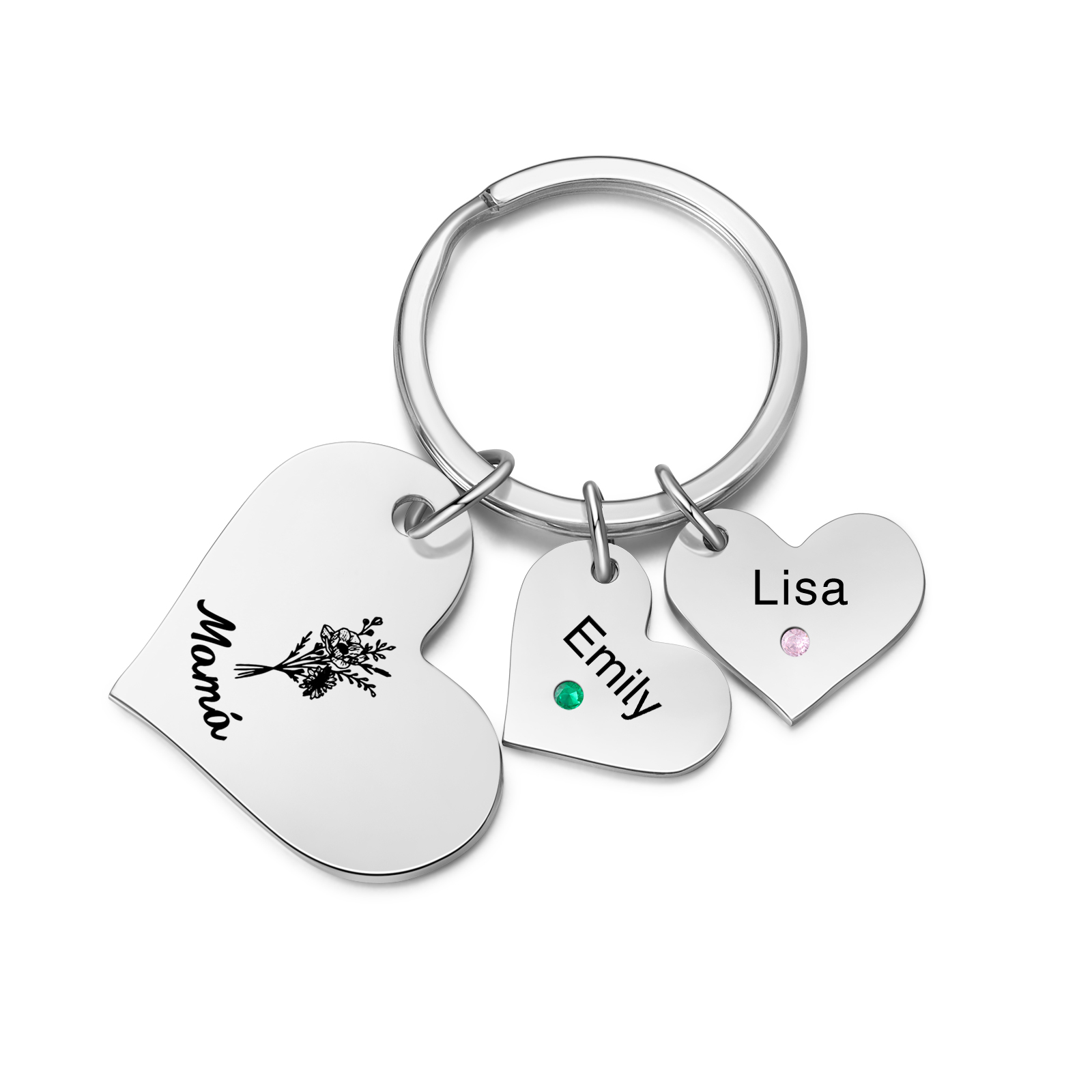 A mi mamá/abuela - Llavero con 2 nombres y piedras de nacimiento personalizados en corazones con texto y flor-Jessemade ES