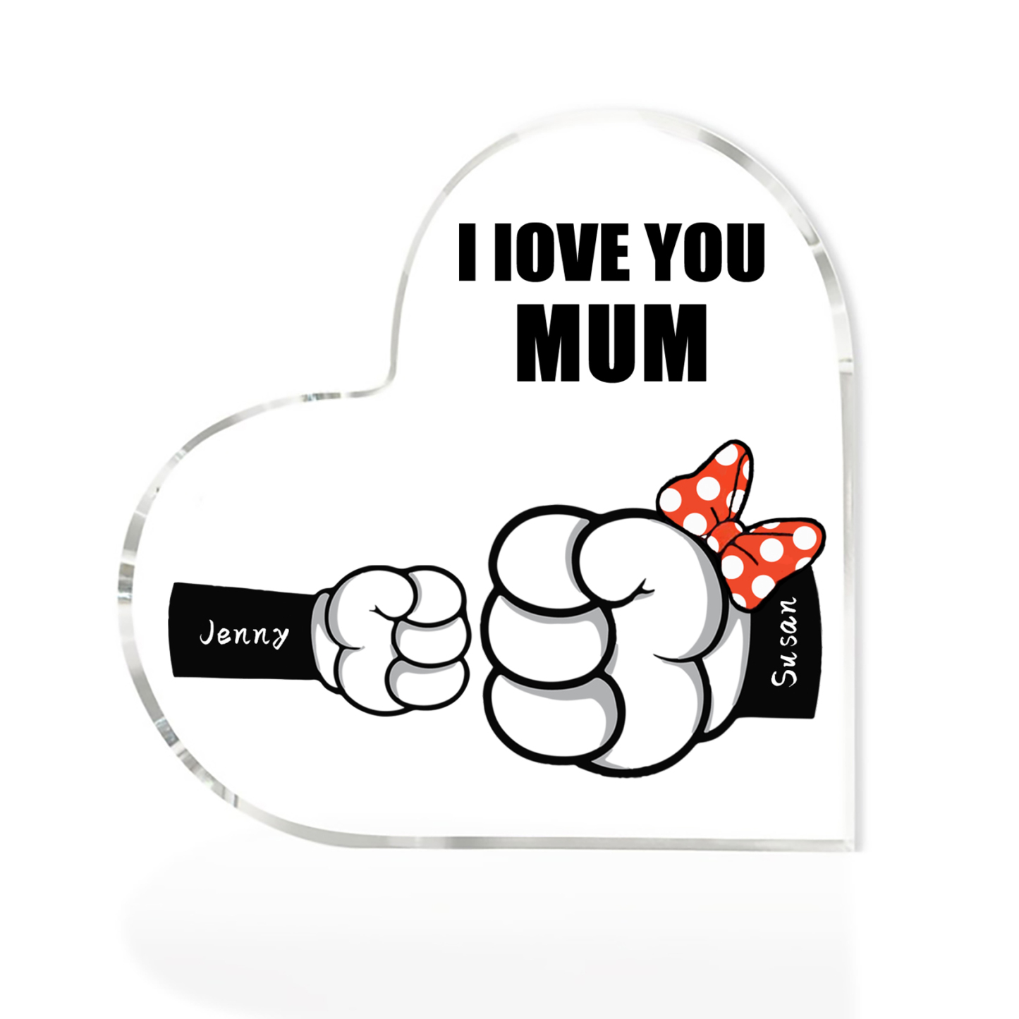 A mi mamá/abuela-Placa de acrílico "Puños" en forma de corazón 2 nombres y 1 texto personalizados-Jessemade ES