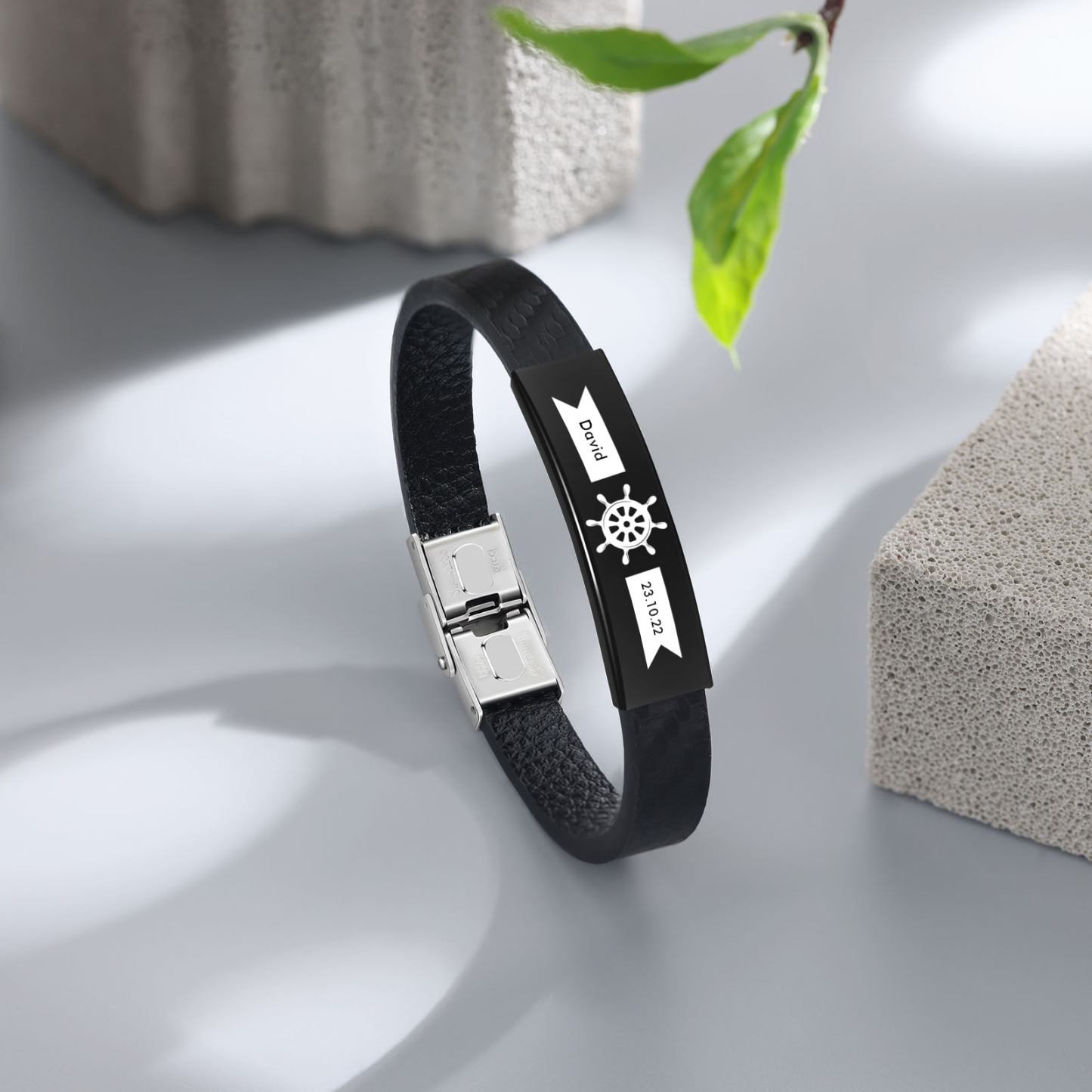 Pulsera de Cuero con Placa de Nombre y Fecha Personalizados -Jessemade ES