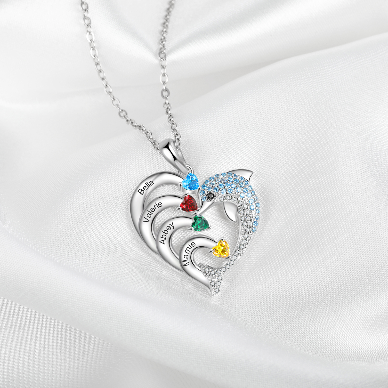 Collar para mujer en corazón delfín 4 nombres y 4 piedras de nacimiento personalizados