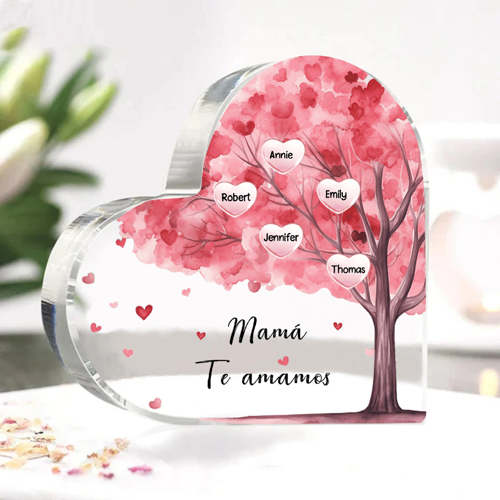 A mi mamá/abuela-Placa de acrílico "Árbol" en forma de corazón 5 nombres y 1 texto personalizados-Jessemade ES
