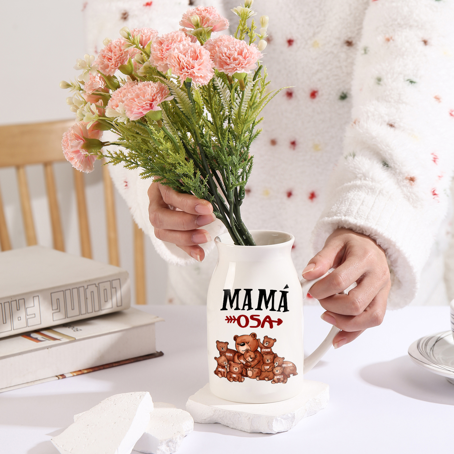 Florero de cerámica mamaosa y sus bebés 2-8 nombres personalizados con texto decoración del hogar-Jessemade ES