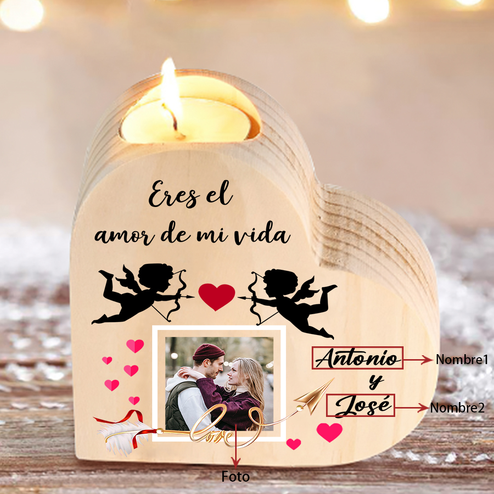 Candelero de madera Cupid para pareja sin vela personalizado con 2 nombres-Jessemade ES