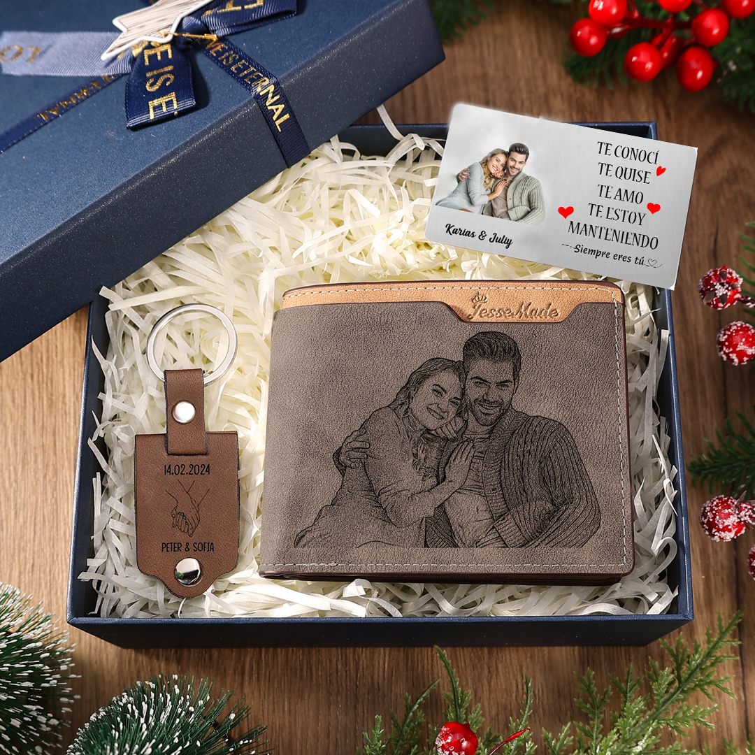 Pareja-Kit de regalo cartera, llavero de cuero, tarjeta para cartera con fotos, nombres, letra y fecha personalizados | Jessemade