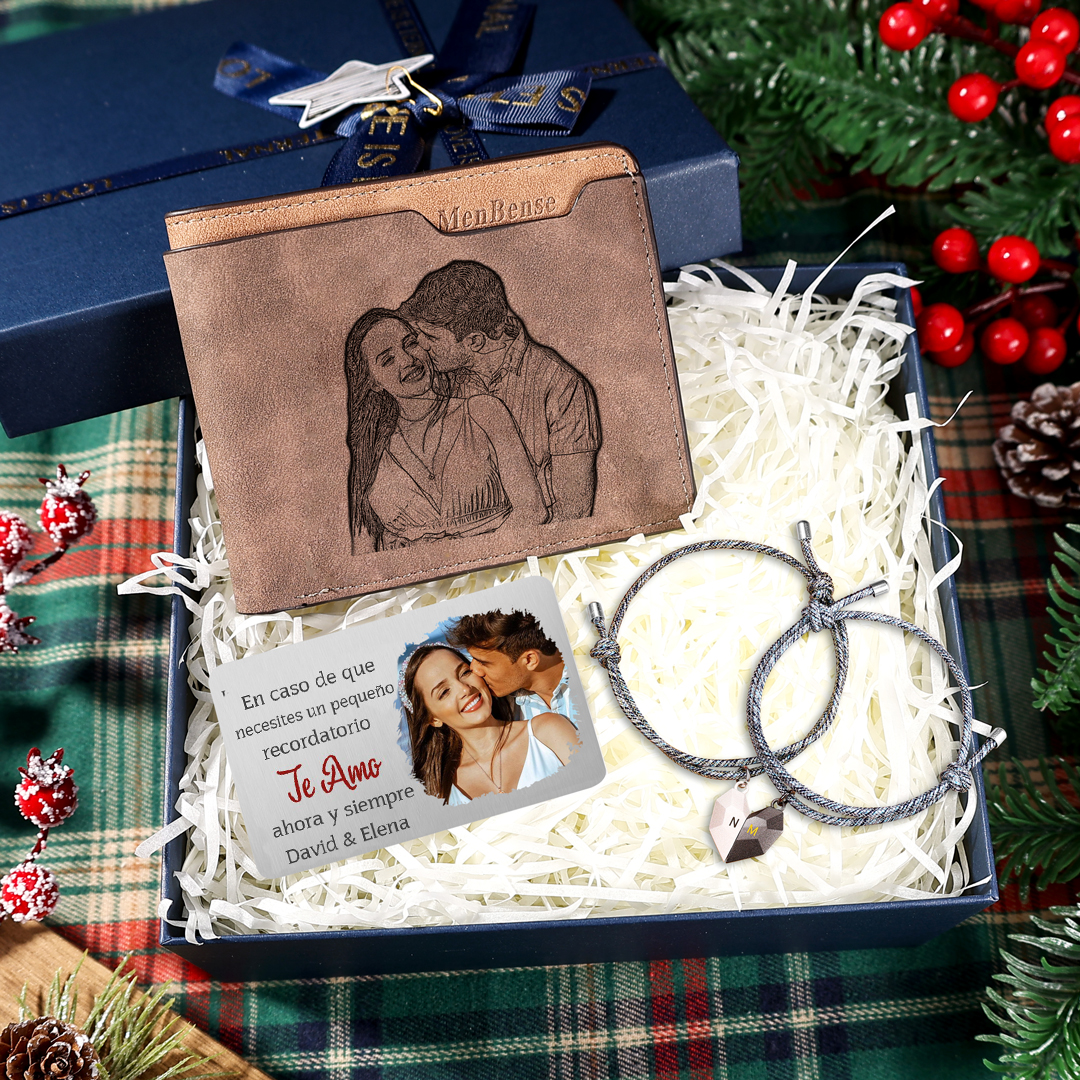 Pareja-Kit de regalo pulseras con dije magnético, cartera y tarjeta con caja 2 letras, texto y foto personalizados | Jessemade