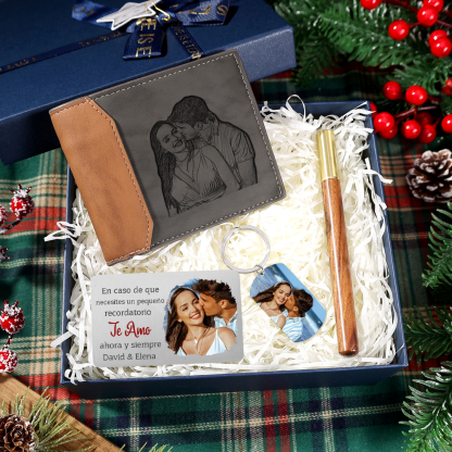 Pareja-Kit de regalo cartera, llavero, tarjeta y bolígrafo con caja foto, nombre, letra y texto personalizados | Jessemade
