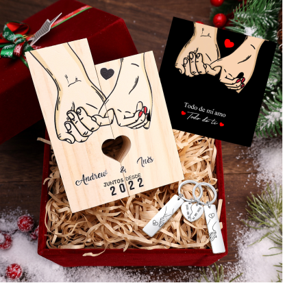 Pareja-Kit de regalo mano con mano candelero y llavero con tarjeta y caja nombres, letras, fecha y año personalizados | Jessemade