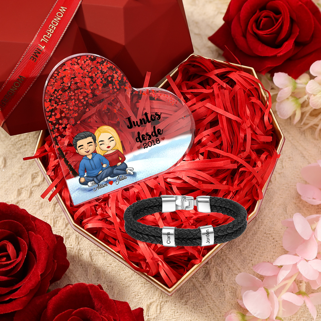 Pareja-Kit de regalo placa de acrílico y pulsera de cuero con caja de 