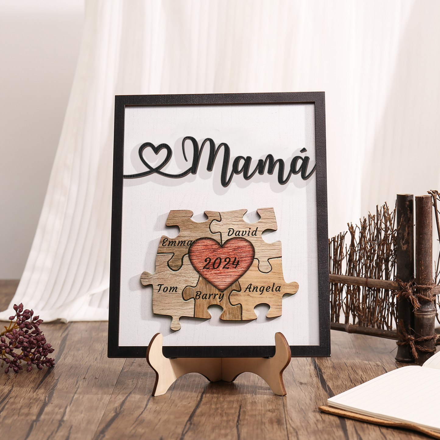 A mi mamá-Adorno 2-6 nombres y año personalizados decoración de madera rompecabezas-Jessemade ES
