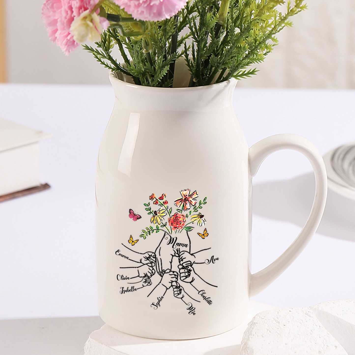 Florero de cerámica mano y manitos 2-8 nombres personalizados con texto decoración del hogar-Jessemade ES