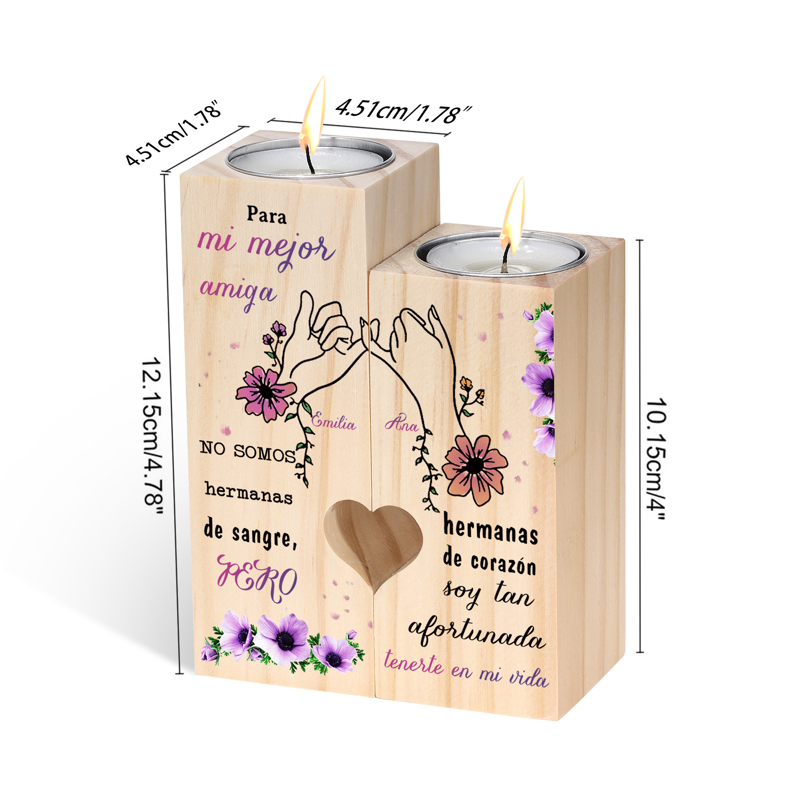 Candelero para amiga de madera de dos piezas sin candela con nombres personalizados-Jessemade ES