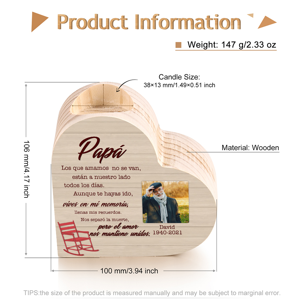 Candelero de corazón en memoria de papá personalizado con nombre, foto y texto de madera sin vela-Jessemade ES