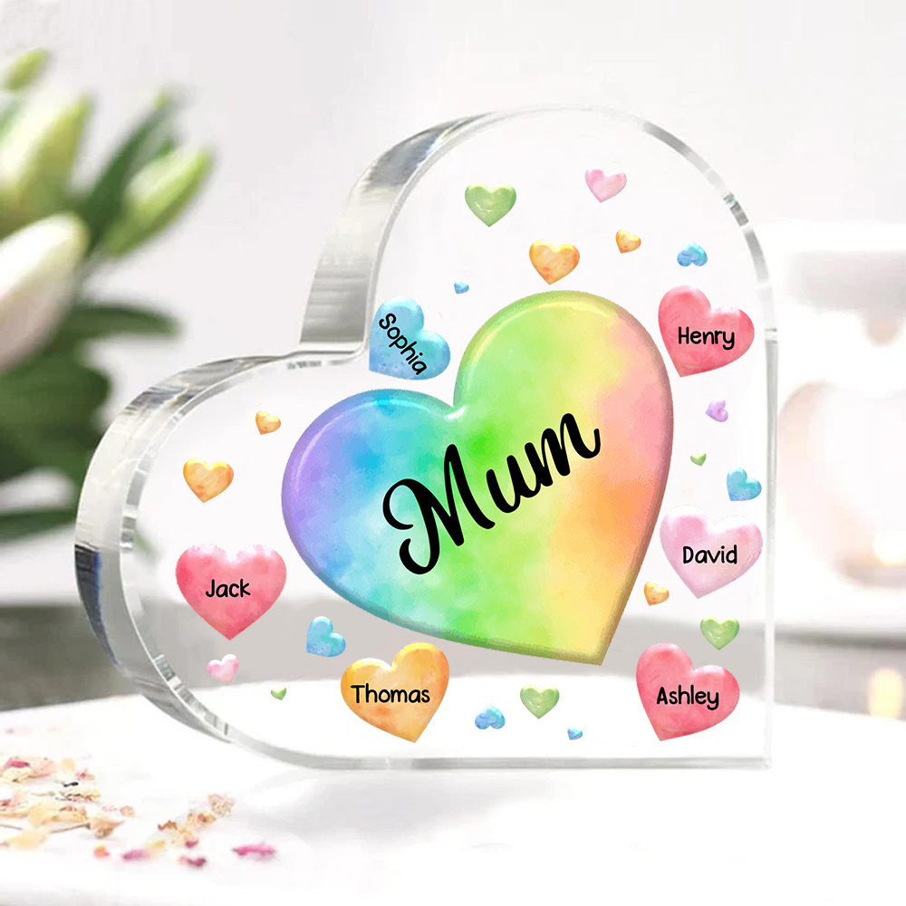 A mi mamá/abuela-Placa de acrílico "Corazones" en forma de corazón 6 nombres y 1 texto personalizados-Jessemade ES