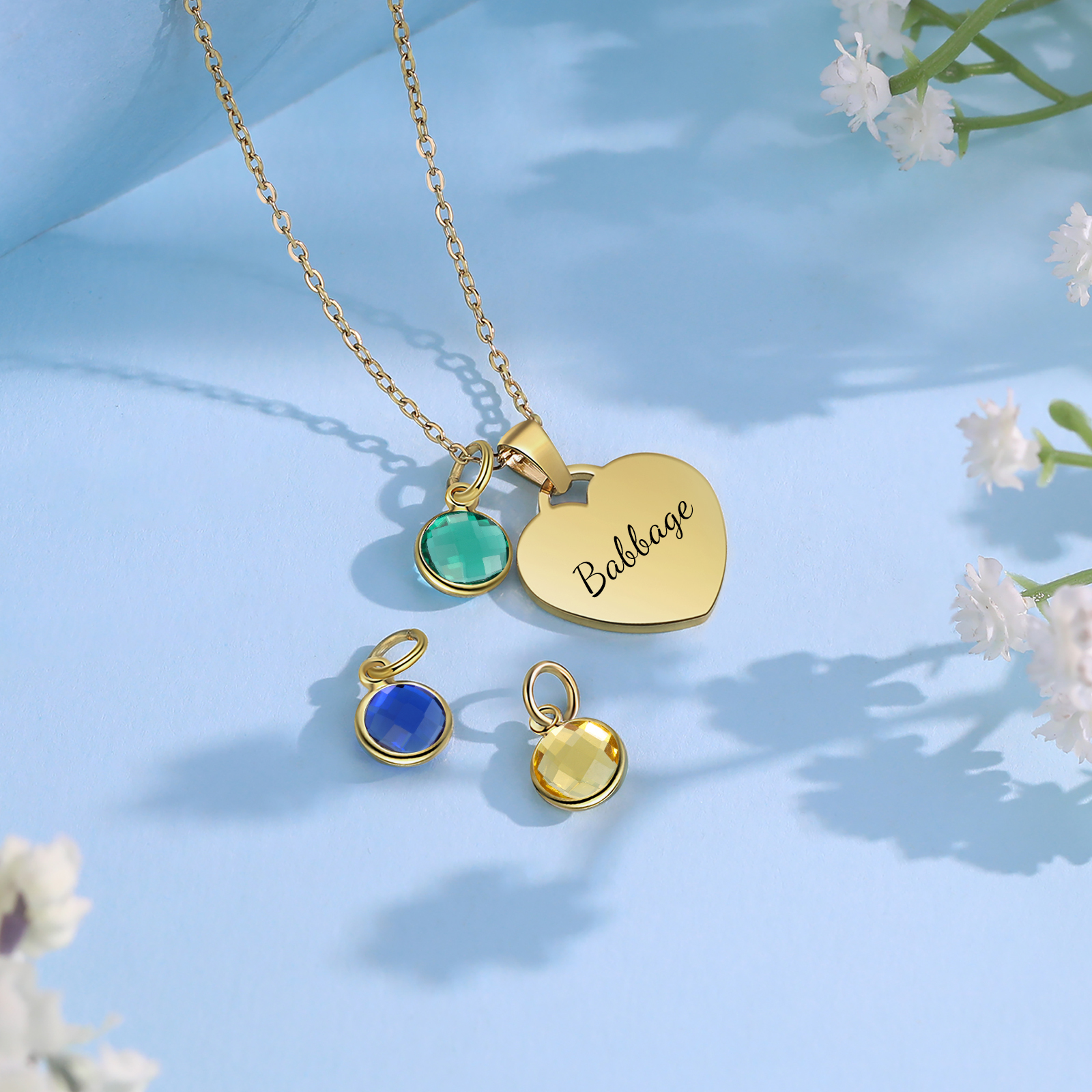 Collar de corazón con 1-3 colgantes de piedras de nacimiento con 1 nombre-Jessemade ES