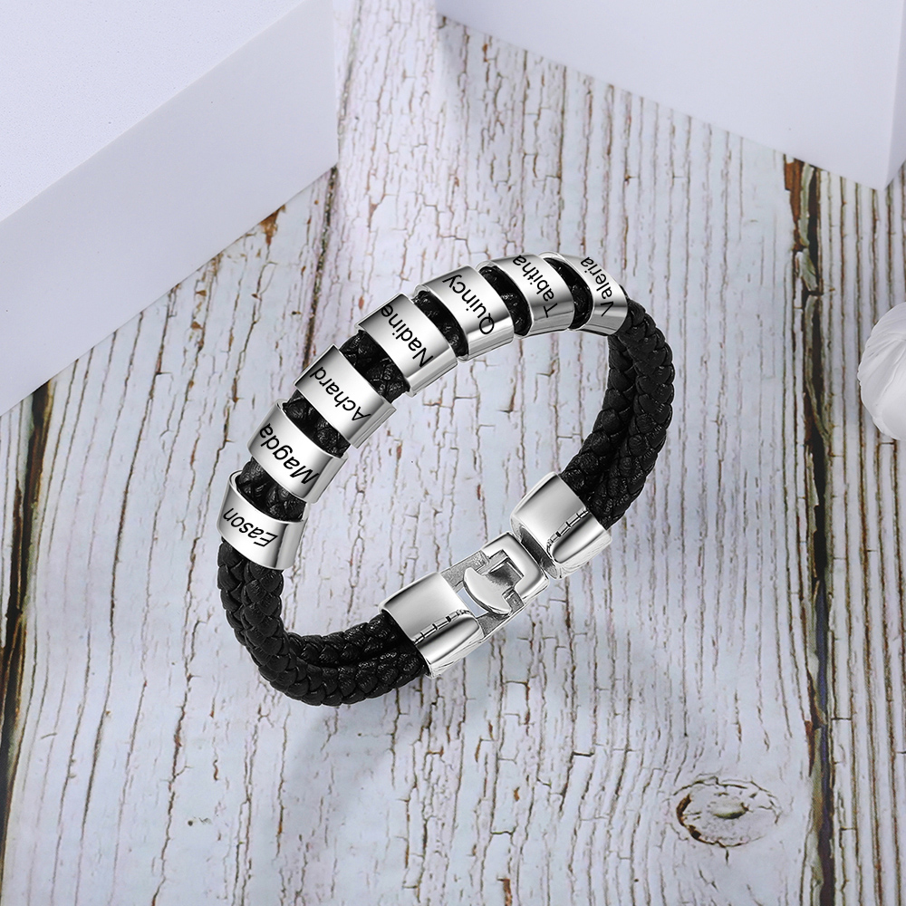Pulsera 1-8 Nombres Personalizados de Cuero Trenzado con Aros-Jessemade ES