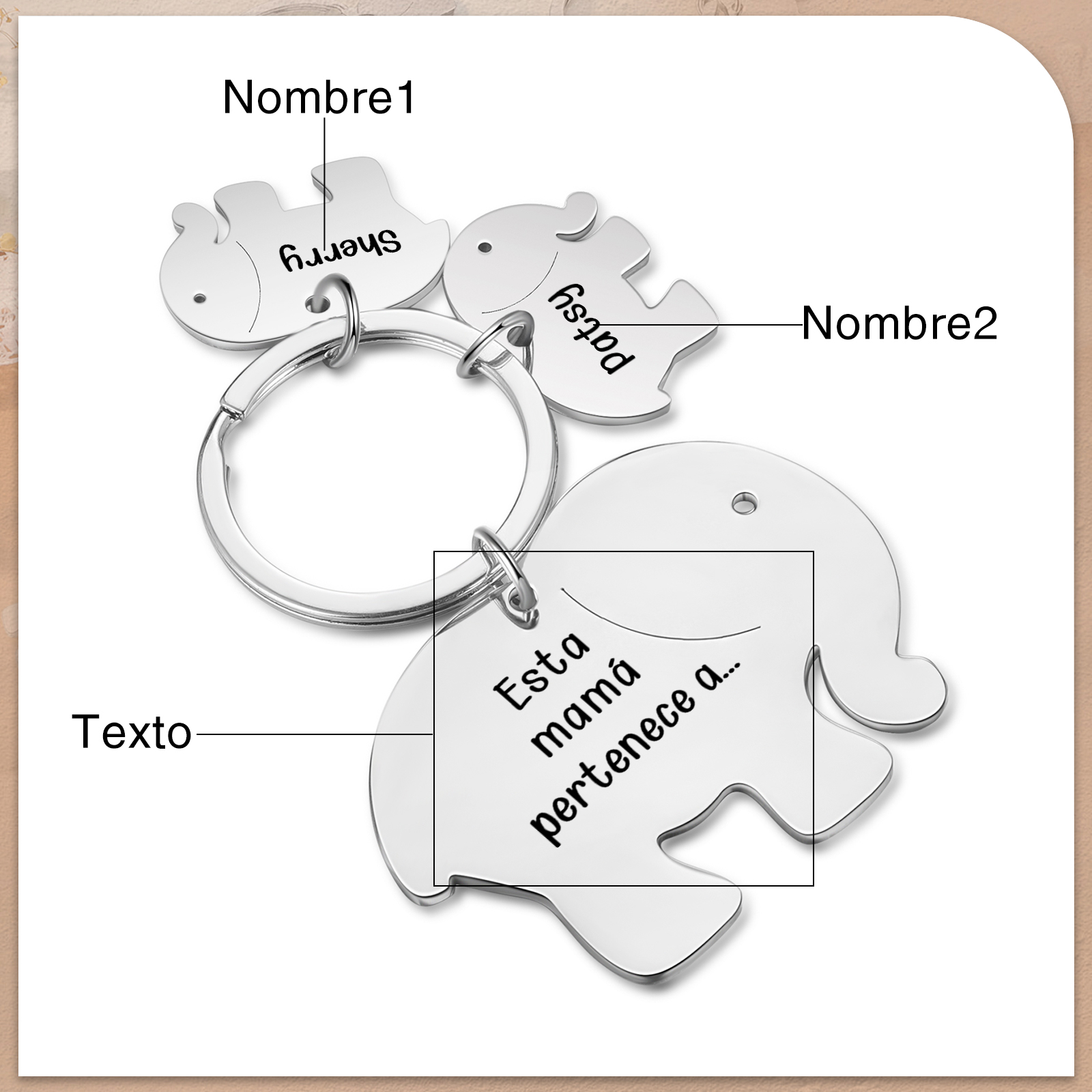 A mi mamá/abuela - Llavero con 2 nombres personalizados en elefantes con texto-Jessemade ES